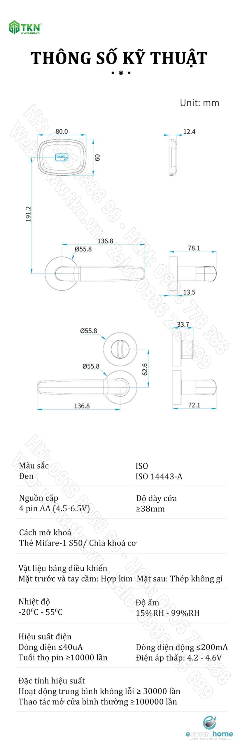 Khoá thẻ từ, chìa cơ eSmartHome màu inox ESH88HL102LSS 7