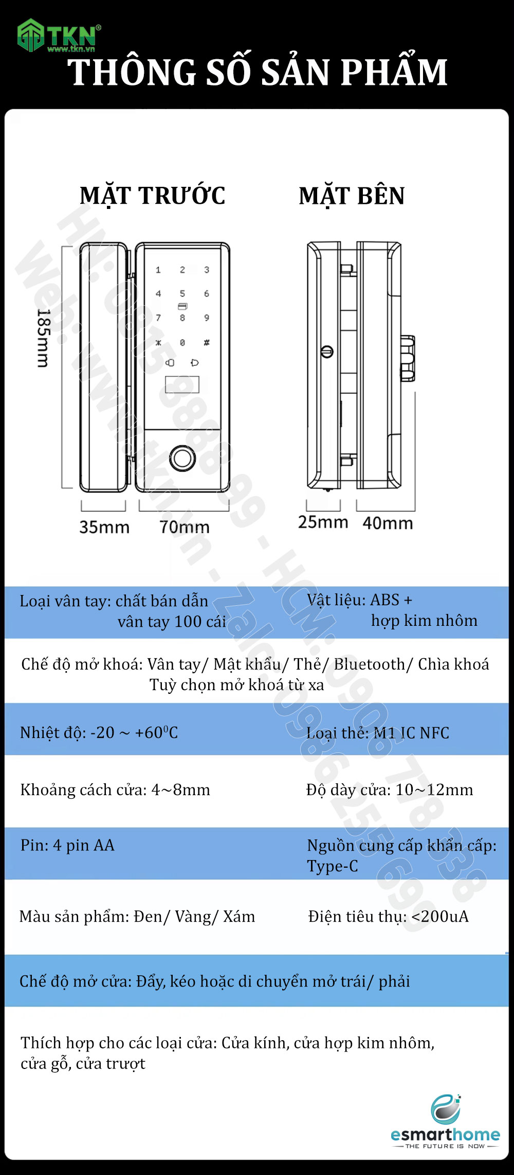 Khoá mobile APP, vân tay, thẻ, mật mã, chìa cơ cửa kính 8-12mm ESH99TT830TYLSB 10