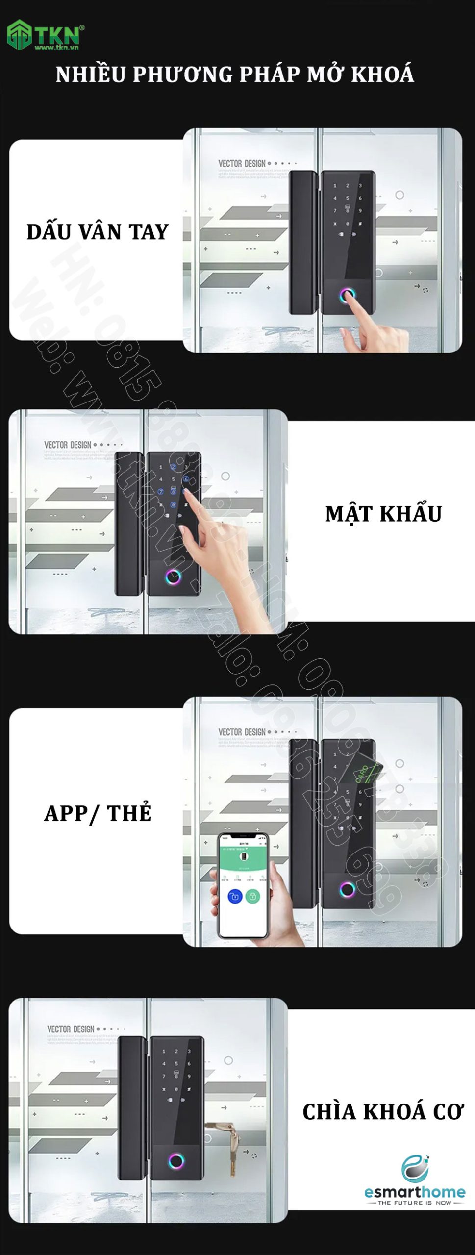 Khoá mobile APP, vân tay, thẻ, mật mã, chìa cơ cửa kính 8-12mm ESH99TT830TYLSB 11