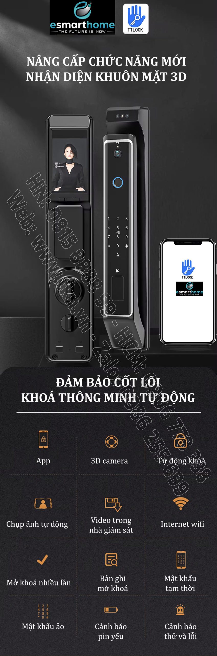 Khoá mở 3D khuôn mặt, mobile APP, vân tay, thẻ, mật mã, chìa cơ ESH99TT999TYDSB 11