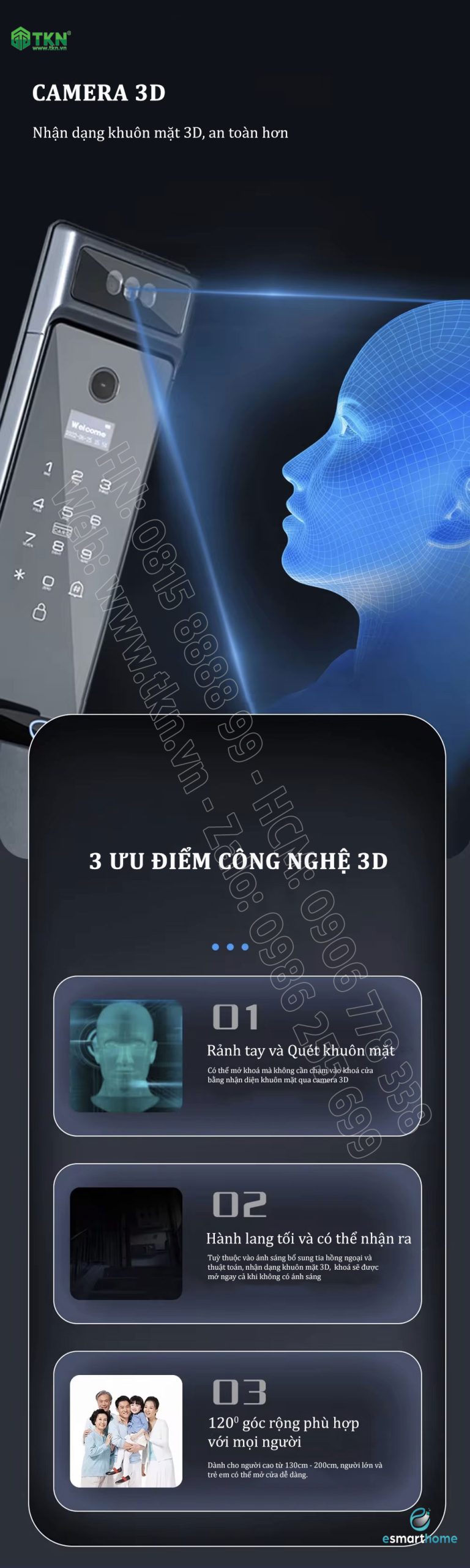 Khoá mở 3D khuôn mặt, mobile APP, vân tay, thẻ, mật mã, chìa cơ ESH99TY277TYESY 5