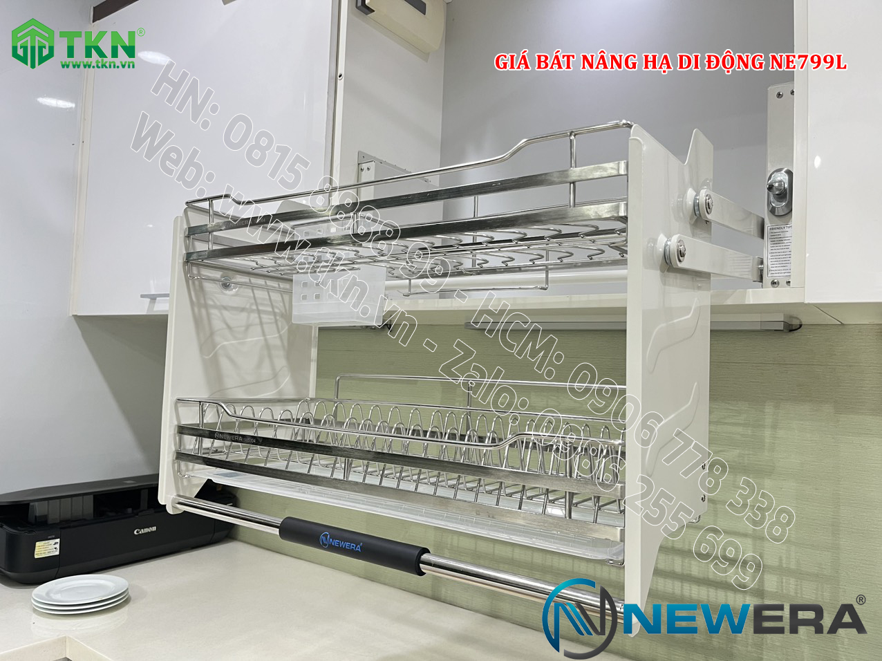 Giá bát nâng hạ NewEra nan dẹt 700mm có ống đũa inox 304 NE799.700L 5