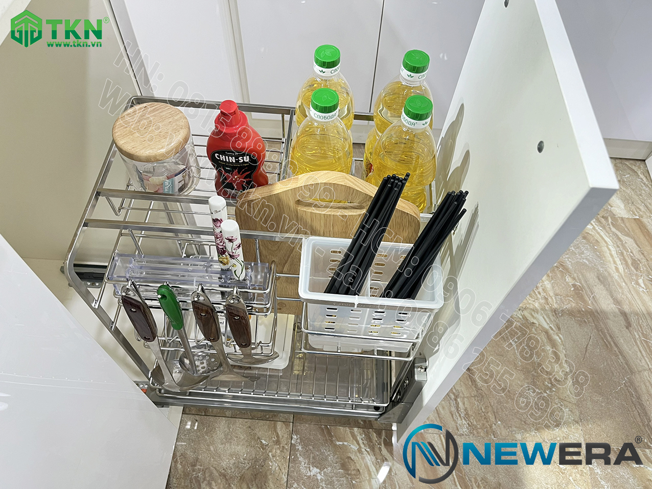 Giá dao thớt chai lọ NewEra nan dẹt inox 304 NE699.350P rộng 350mm 13