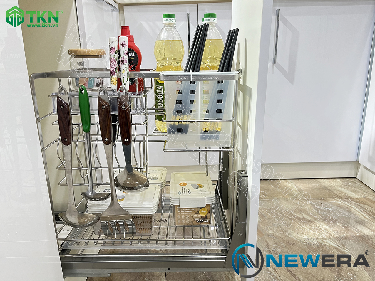 Giá dao thớt chai lọ NewEra nan dẹt inox 304 NE699.350P rộng 350mm 14