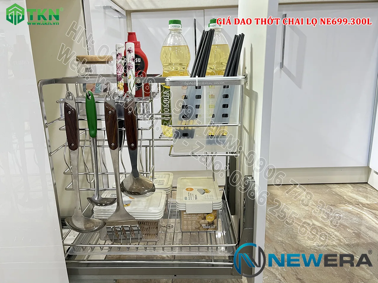 Giá dao thớt chai lọ nan dẹt inox 304 NE699.300L - NewEra BH han gỉ 100 năm