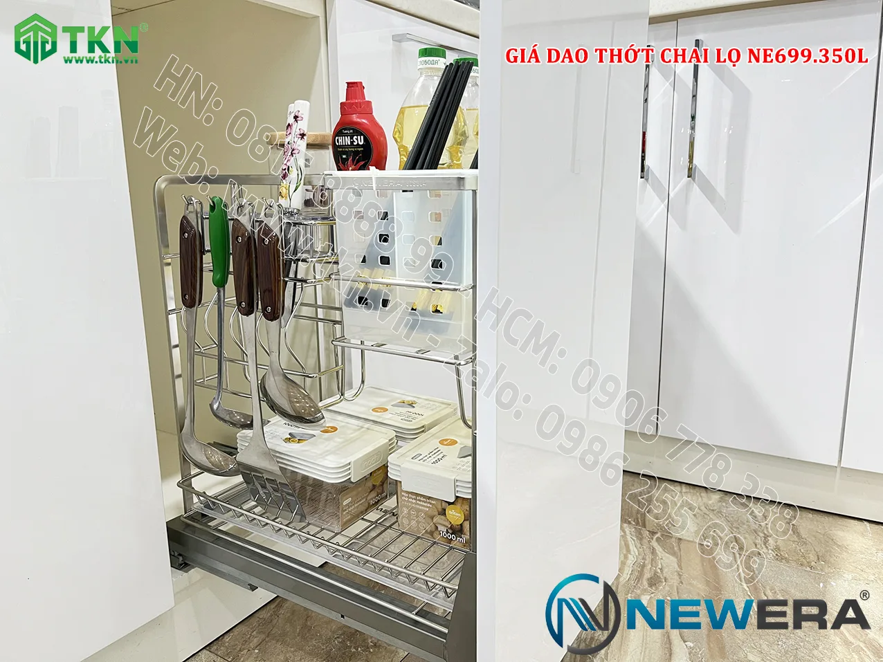 Giá dao thớt chai lọ nan dẹt inox 304 NE699.350L - NewEra BH han gỉ 100 năm