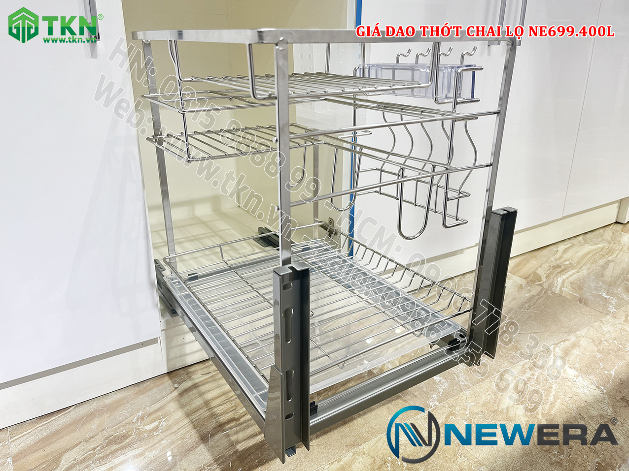 Giá dao thớt chai lọ nan dẹt inox 304 NE699.400L – NewEra BH han gỉ 100 năm 12