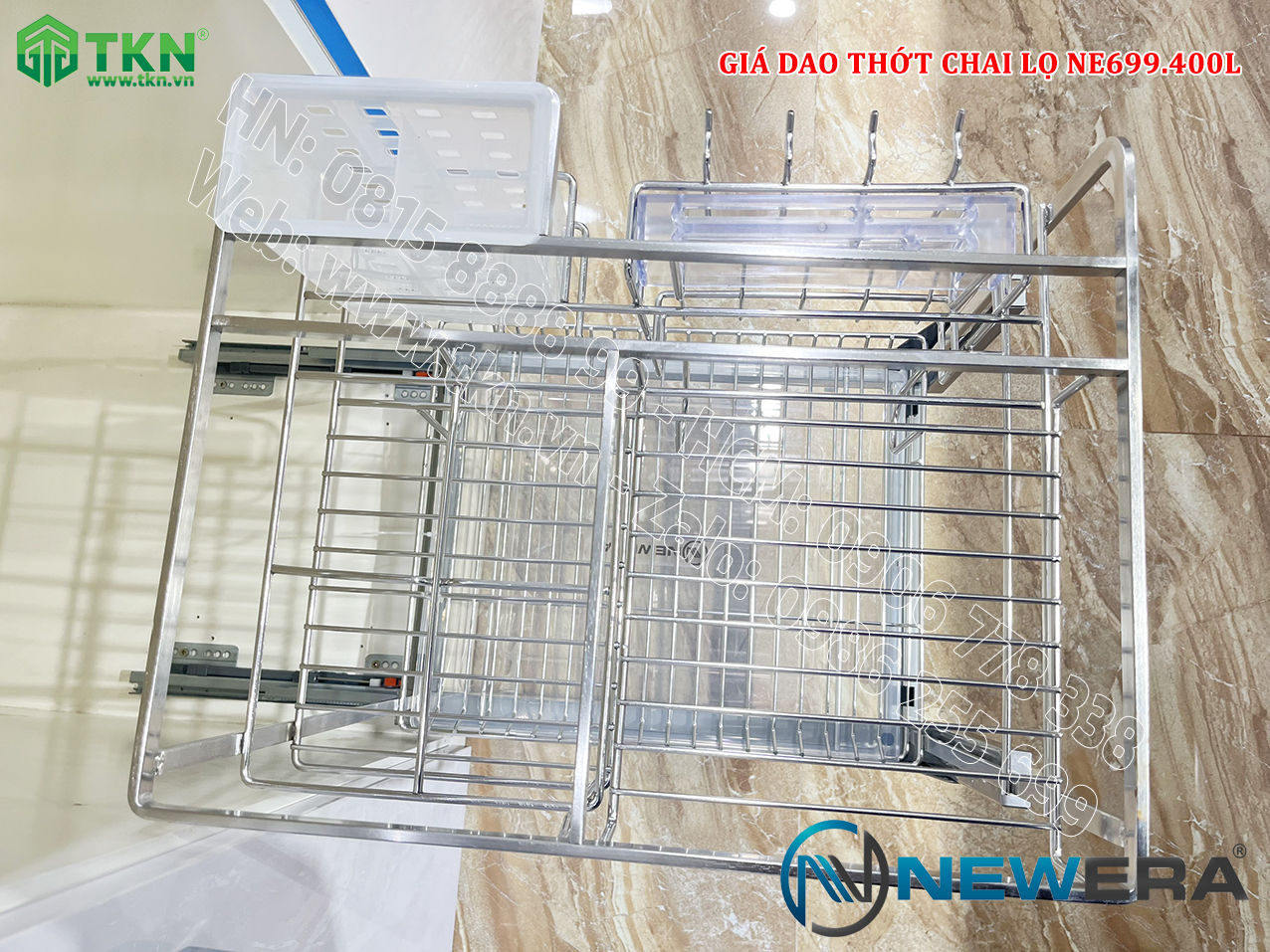 Giá dao thớt chai lọ nan dẹt inox 304 NE699.400L – NewEra BH han gỉ 100 năm 14