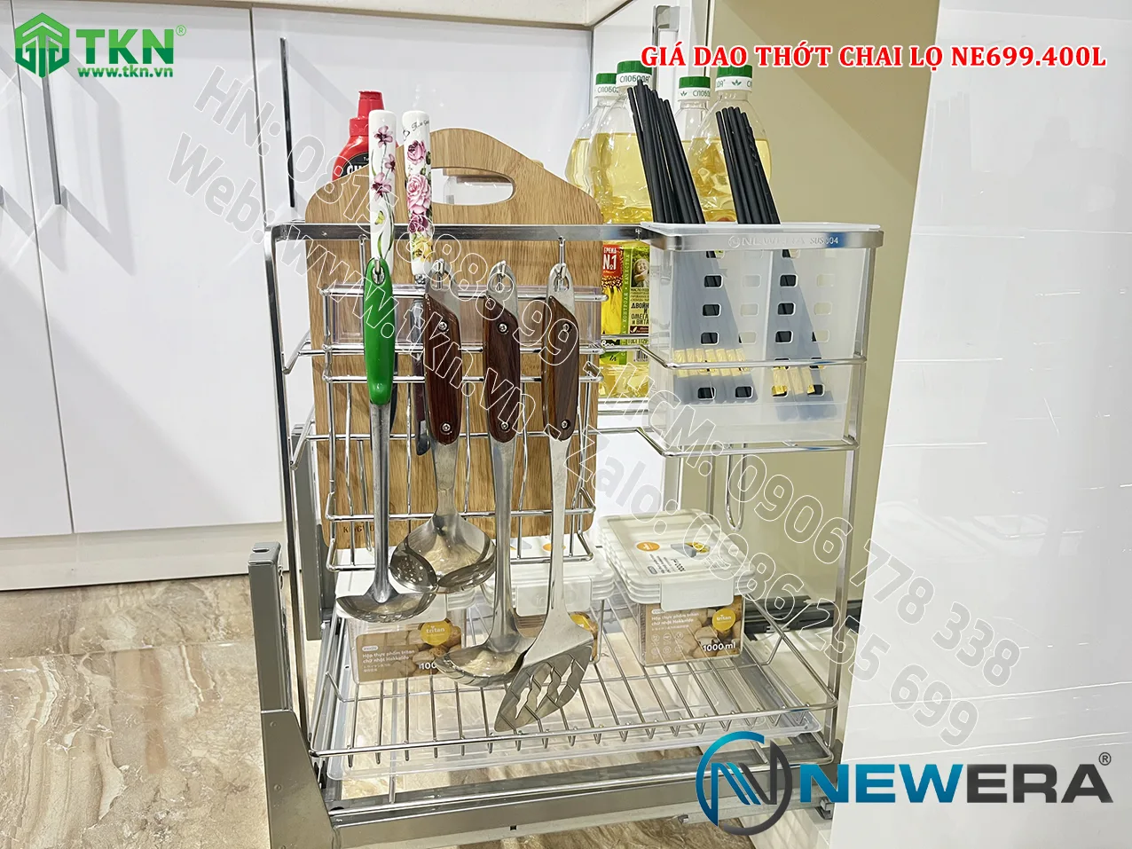 Giá dao thớt chai lọ nan dẹt inox 304 NE699.400L - NewEra BH han gỉ 100 năm