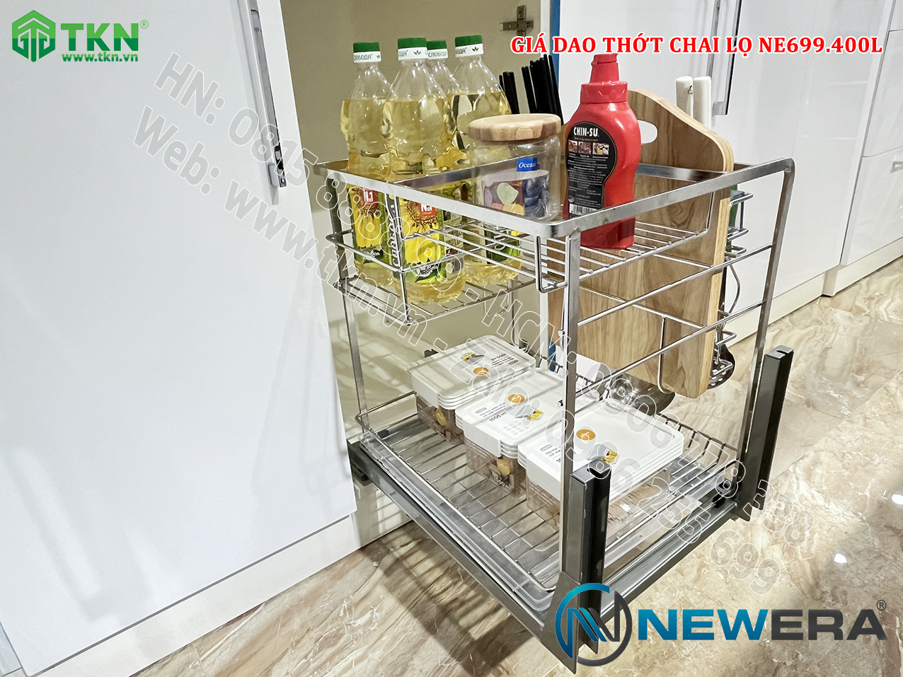 Giá dao thớt chai lọ nan dẹt inox 304 NE699.400L – NewEra BH han gỉ 100 năm 1