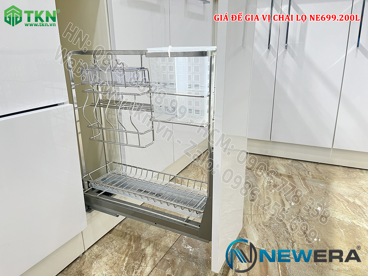 Giá gia vị, chai lọ NewEra nan dẹt inox 304 NE699.200L rộng 200mm 10