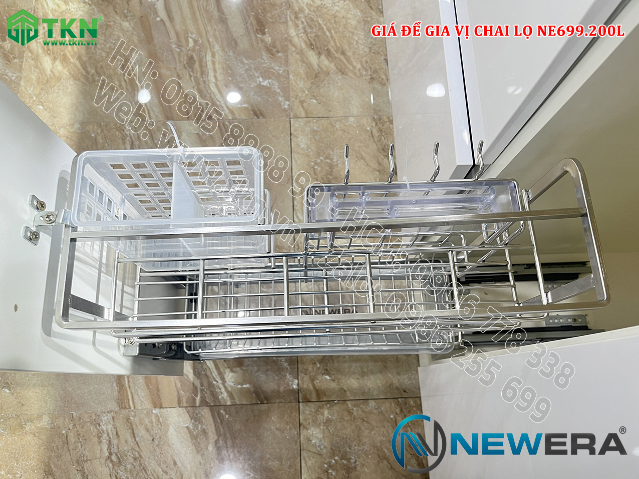 Giá gia vị, chai lọ NewEra nan dẹt inox 304 NE699.200L rộng 200mm 12