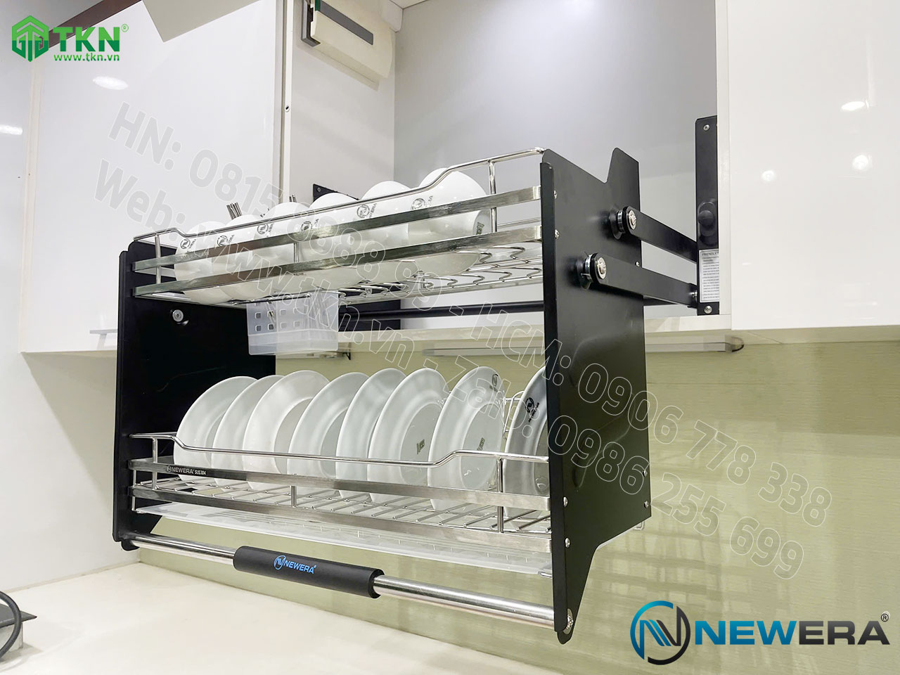 Giá bát nâng hạ nan dẹt NewEra 900mm có ống đũa inox 304 NE899.900G 13