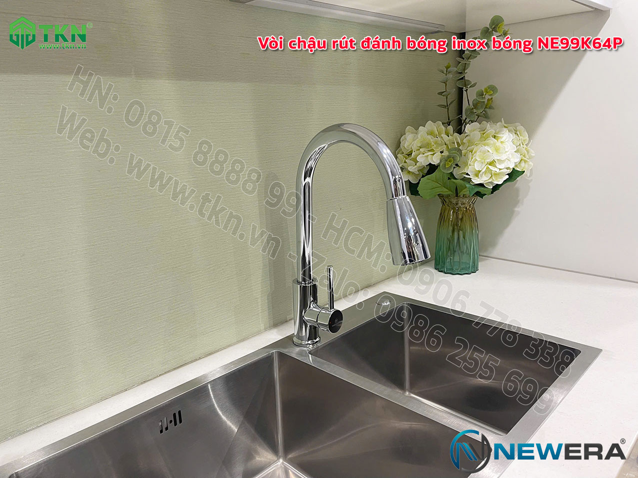 Vòi chậu rửa bát NewEra dây rút inox 304 bóng gương NE99K64P 3