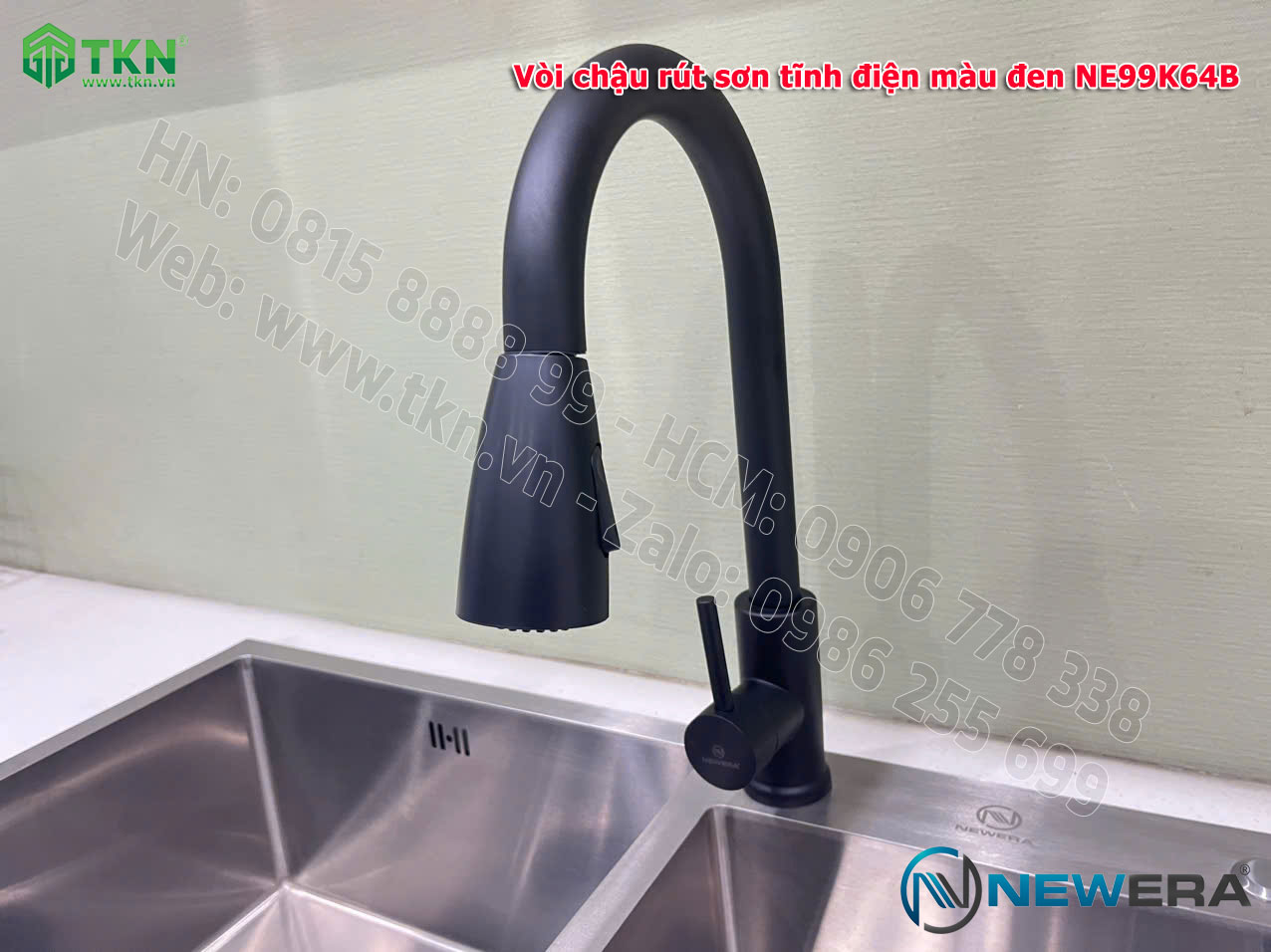 Vòi chậu rửa bát NewEra dây rút inox 304 màu đen NE99K64B 3