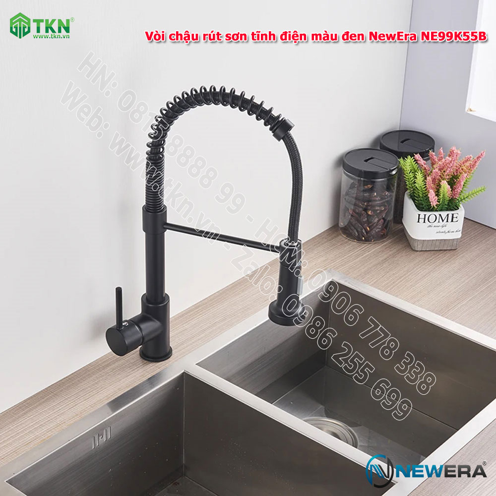 Vòi chậu rửa bát NewEra dây rút inox 304 màu đen NE99K55B