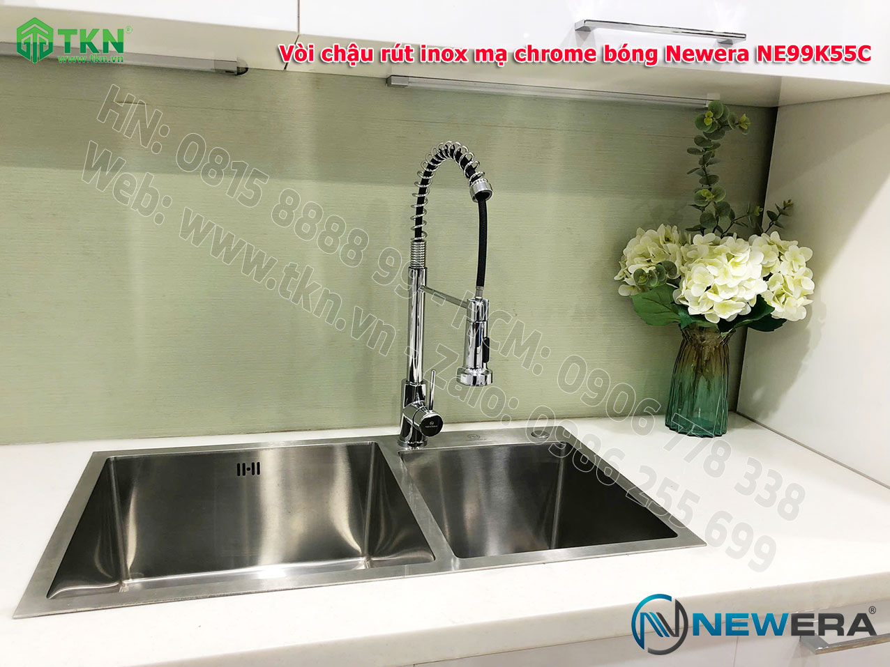 Vòi chậu rửa bát NewEra dây rút inox 304 màu Chrome NE99K55C 2