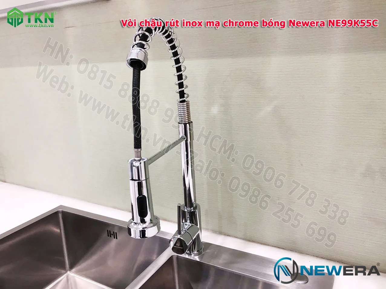 Vòi chậu rửa bát NewEra dây rút inox 304 mạ Chrome NE99K55C 16