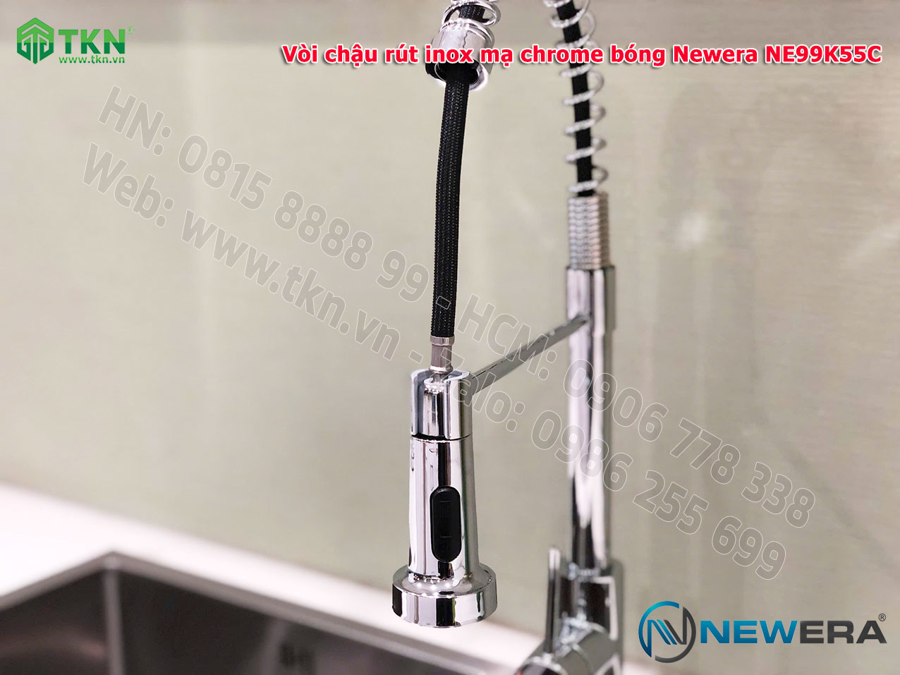 Vòi chậu rửa bát NewEra dây rút inox 304 màu Chrome NE99K55C 14