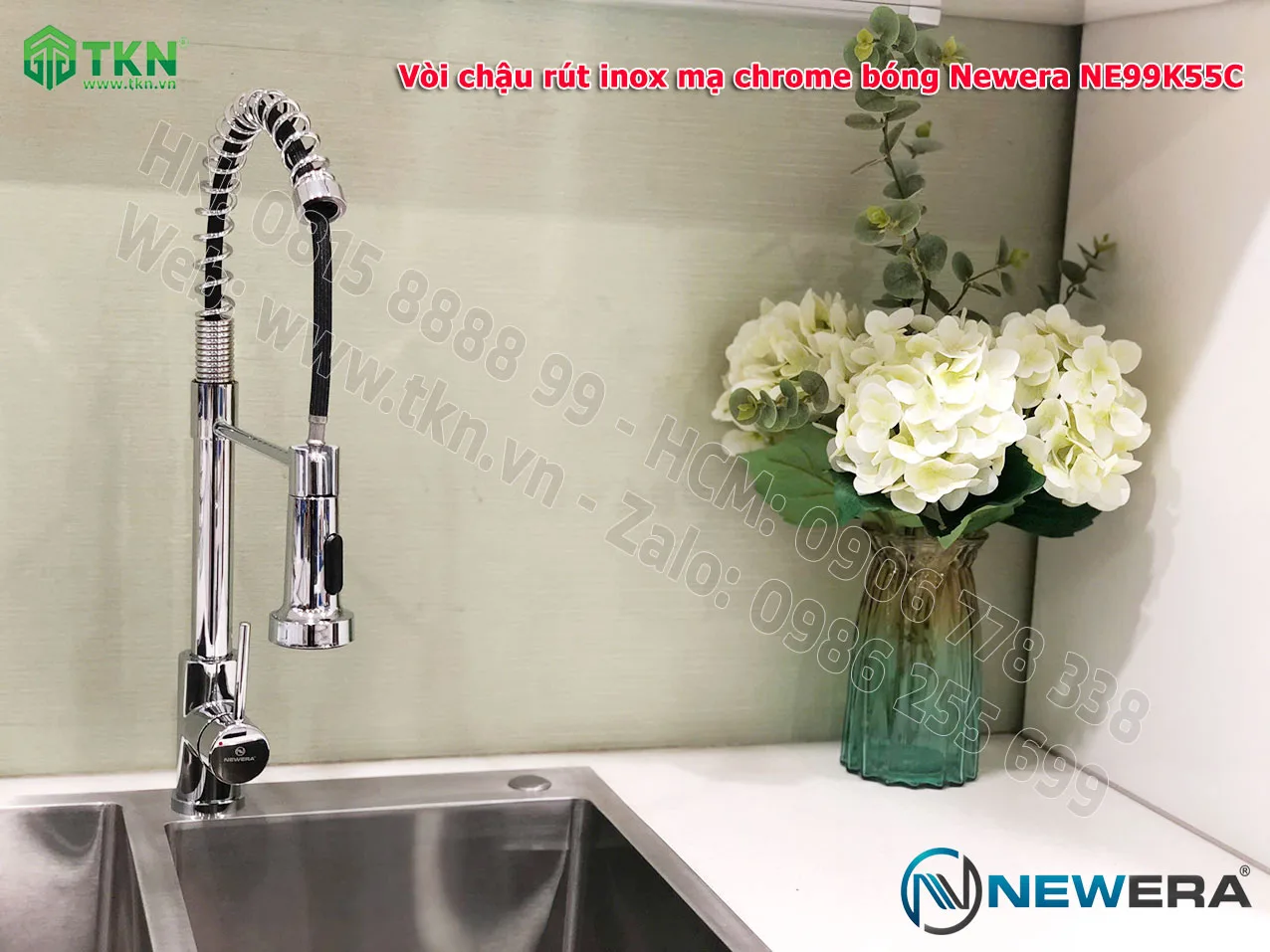 Vòi chậu rửa bát NewEra dây rút inox 304 mạ Chrome NE99K55C 3