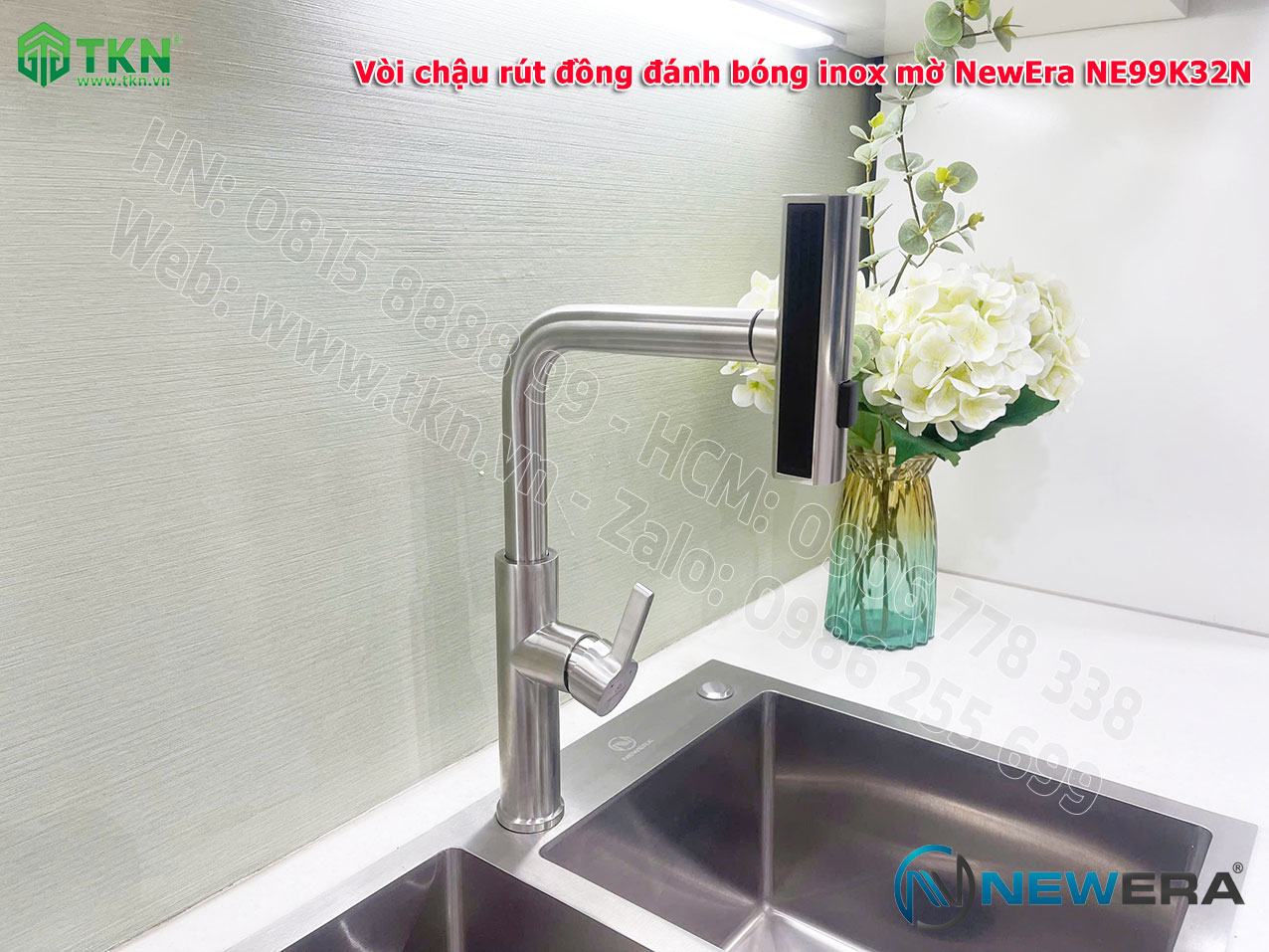 Vòi chậu rửa bát NewEra chất liệu đồng, đánh bóng inox mờ, 2 đường nóng lạnh NE99K32N 3