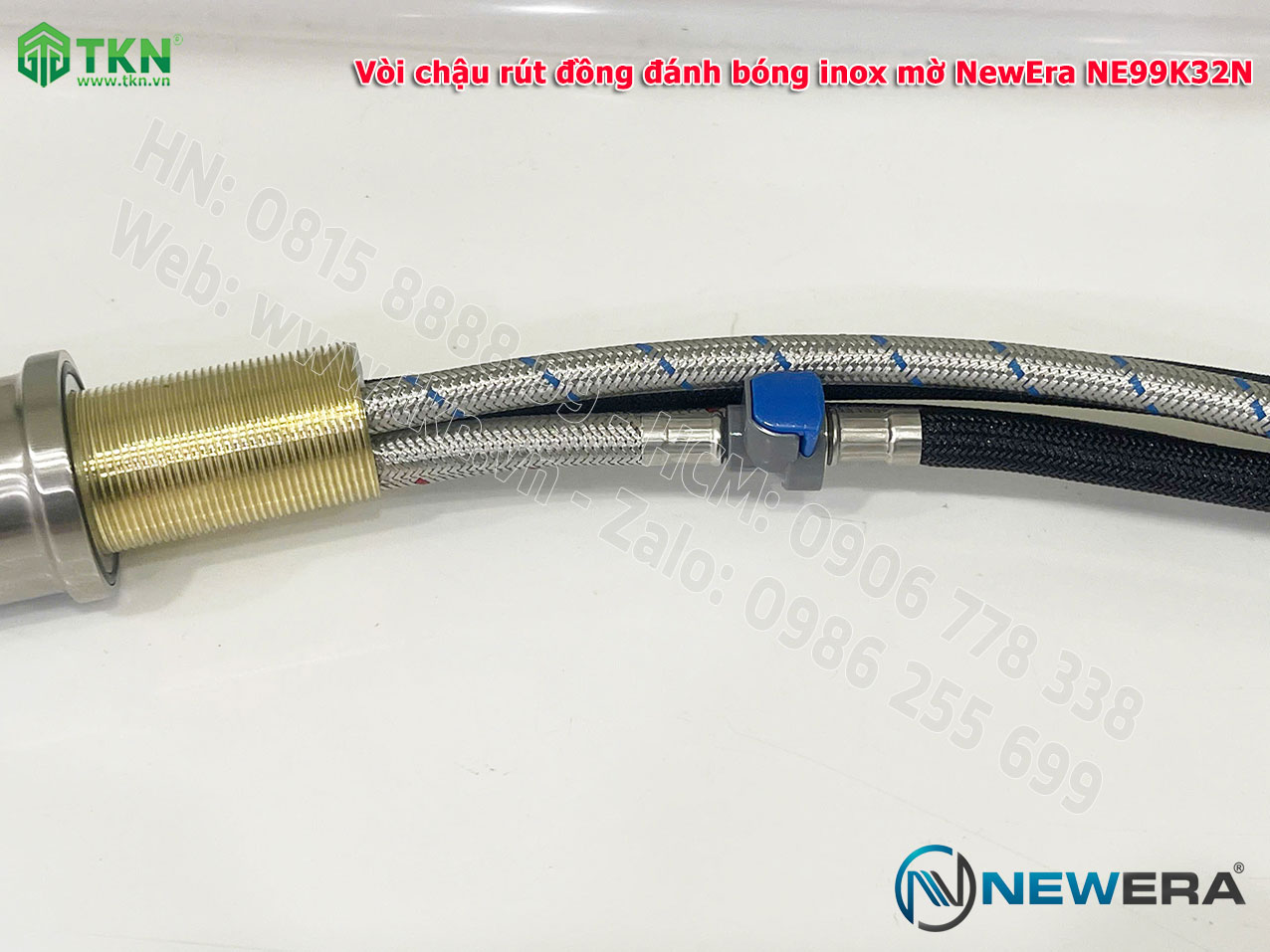 Vòi chậu rửa bát NewEra chất liệu đồng, đánh bóng inox mờ, 2 đường nóng lạnh NE99K32N 13