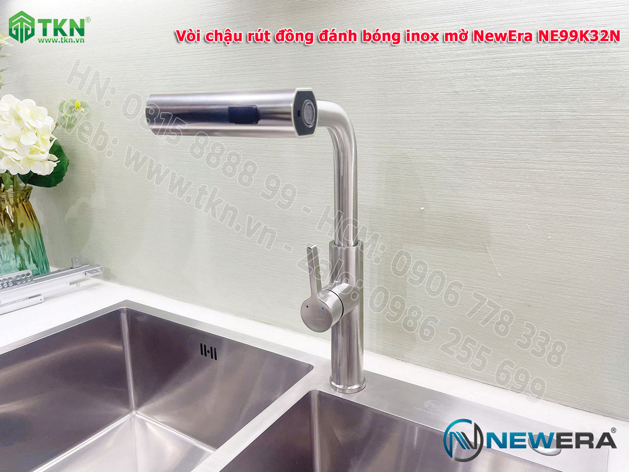 Vòi chậu rửa bát NewEra chất liệu đồng, đánh bóng inox mờ, 2 đường nóng lạnh NE99K32N