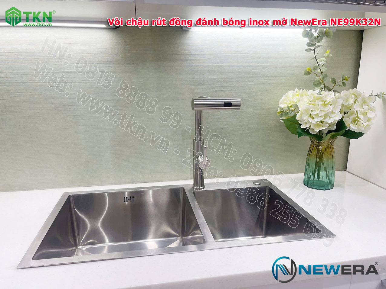 Vòi chậu rửa bát NewEra chất liệu đồng, đánh bóng inox mờ, 2 đường nóng lạnh NE99K32N 2