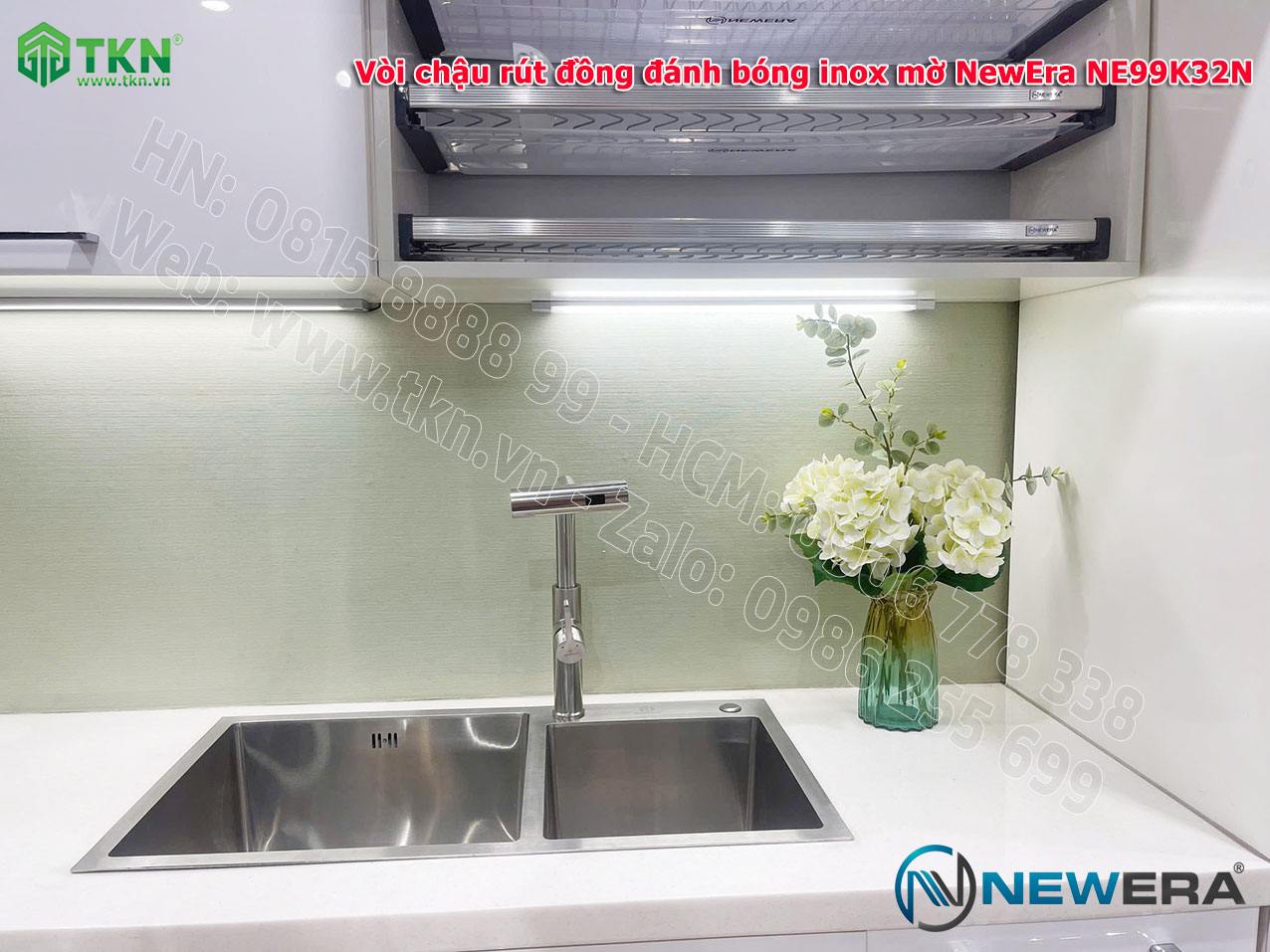 Vòi chậu rửa bát NewEra chất liệu đồng, đánh bóng inox mờ, 2 đường nóng lạnh NE99K32N 5