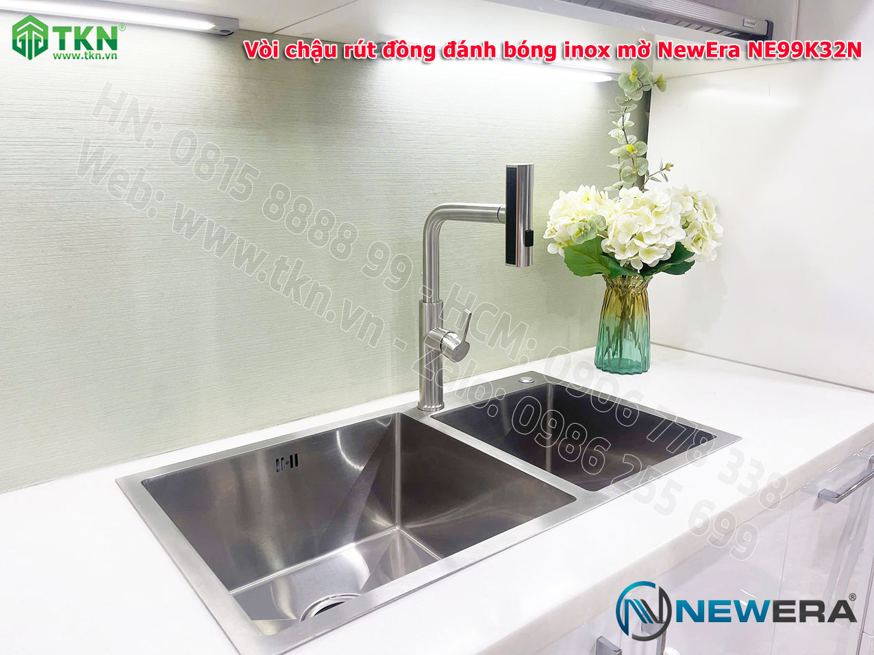 Vòi chậu rửa bát NewEra chất liệu đồng, đánh bóng inox mờ, 2 đường nóng lạnh NE99K32N 4