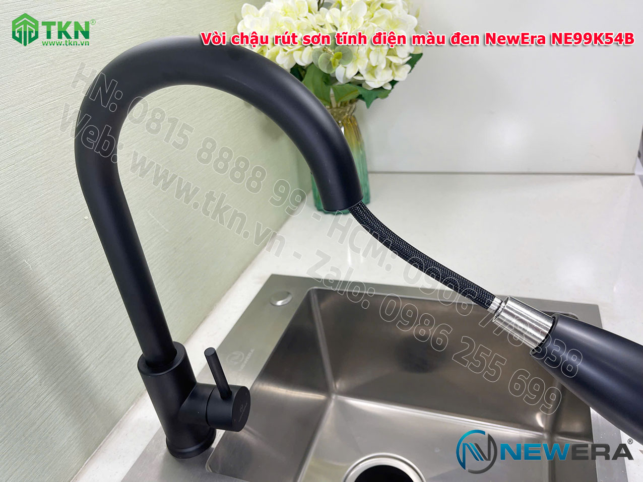 Vòi chậu rửa bát NewEra dây rút inox 304 màu đen NE99K54B 6