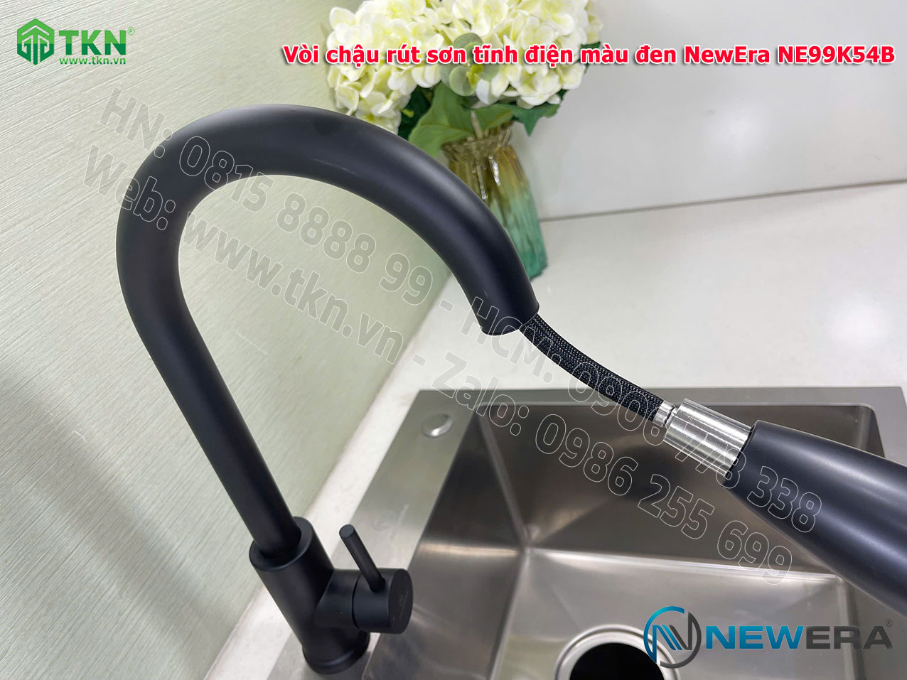 Vòi chậu rửa bát NewEra dây rút inox 304 màu đen NE99K54B