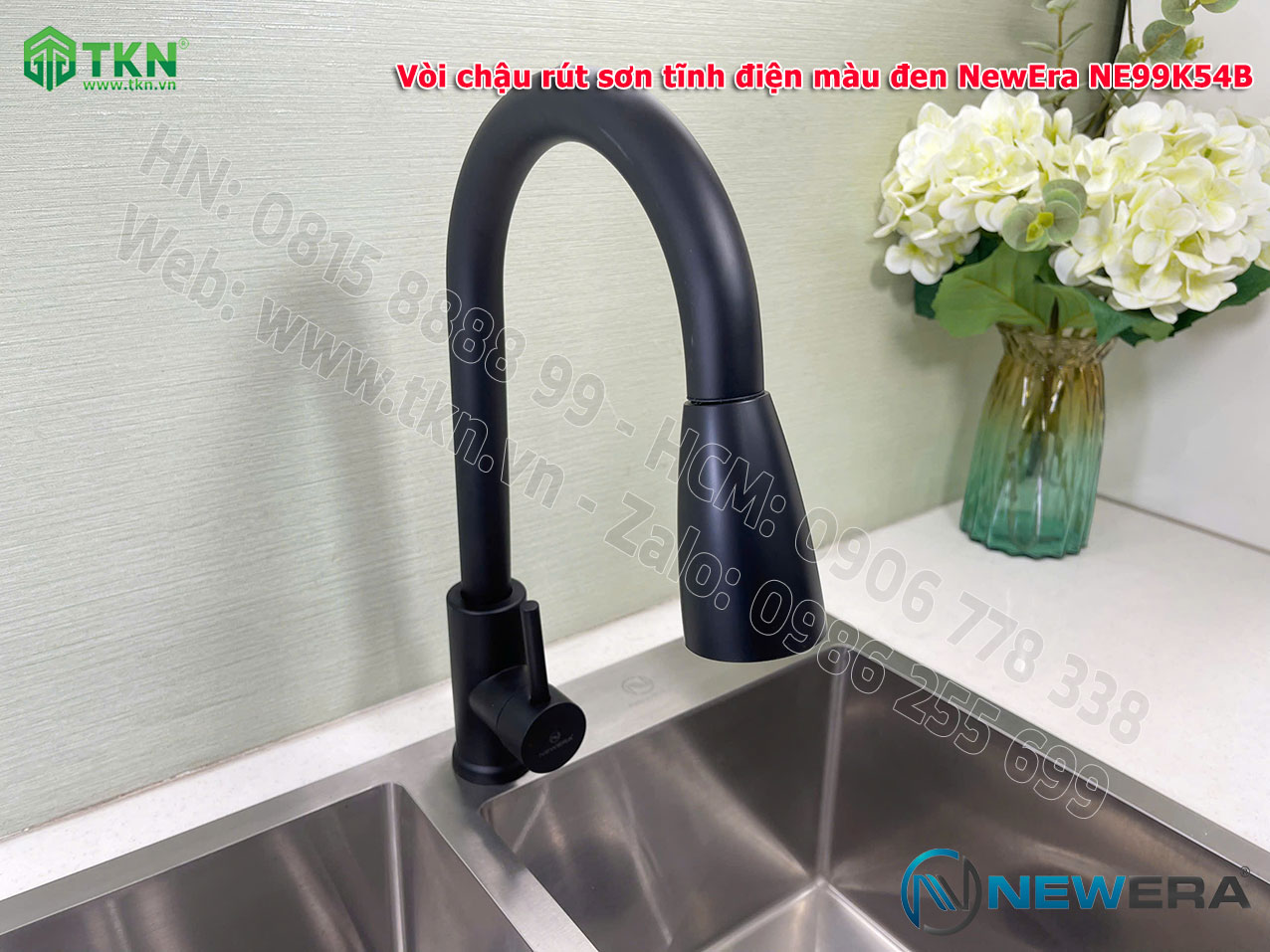 Vòi chậu rửa bát NewEra dây rút inox 304 màu đen NE99K54B 12