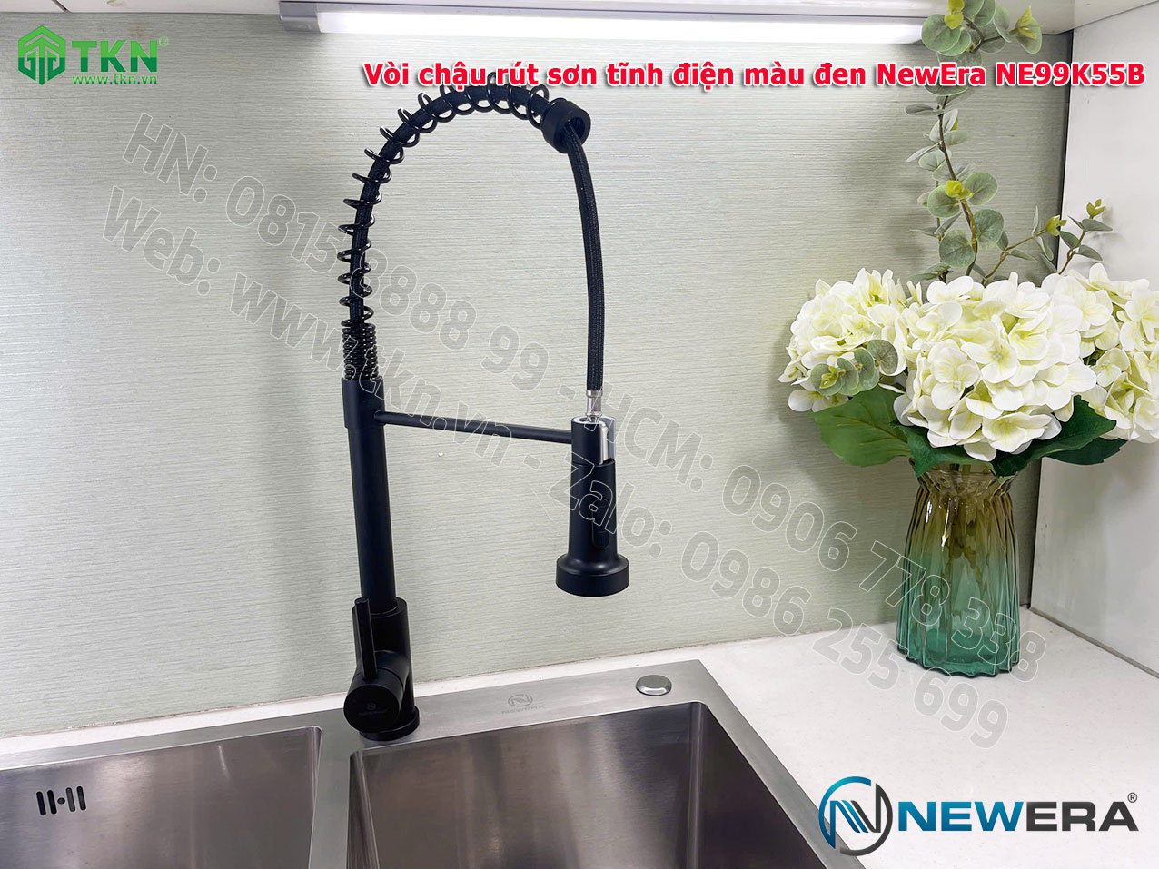 Vòi chậu rửa bát NewEra dây rút inox 304 màu đen NE99K55B 3