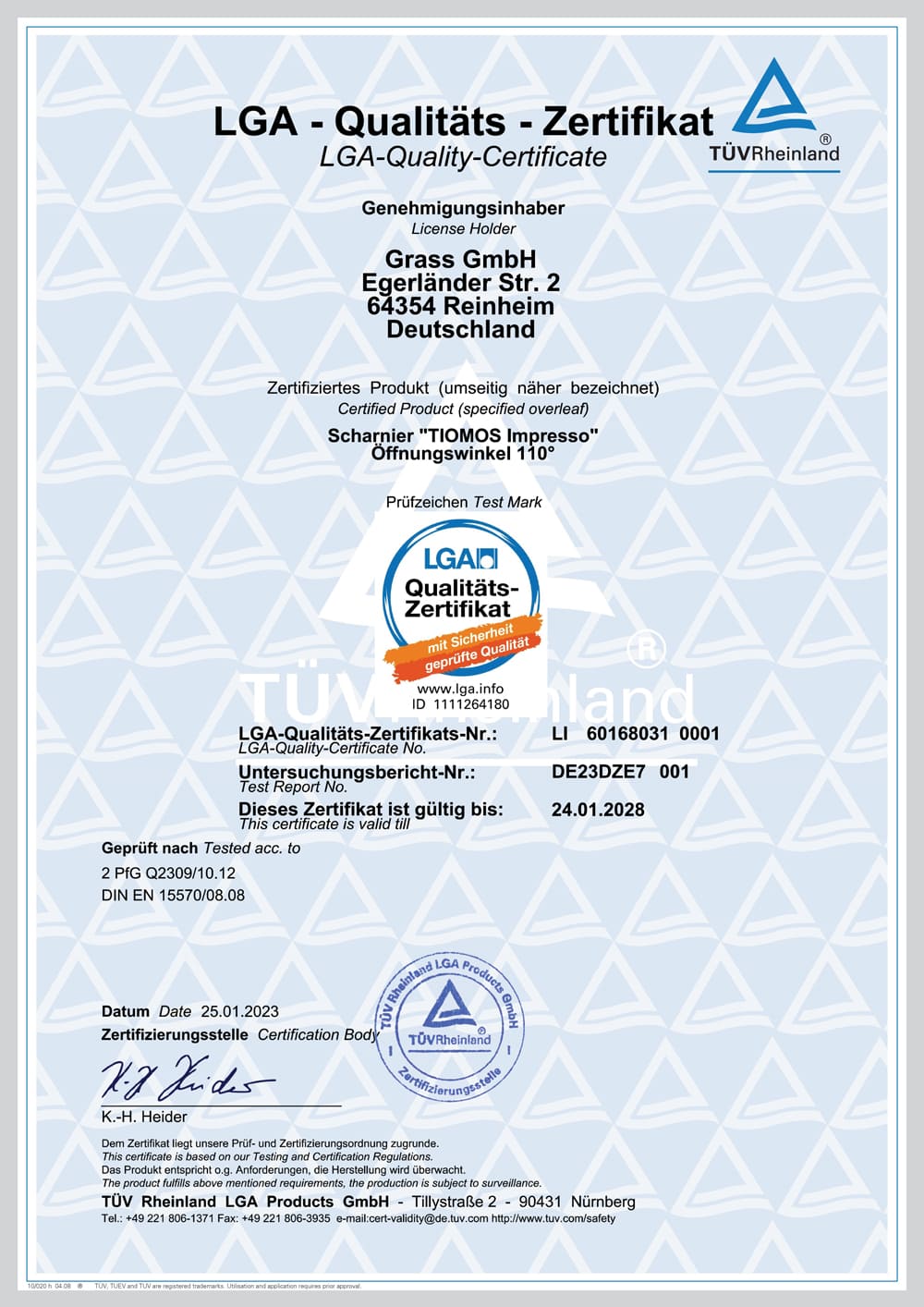 Chứng nhận LGA dùng cho bản lề Tiomos Grass 