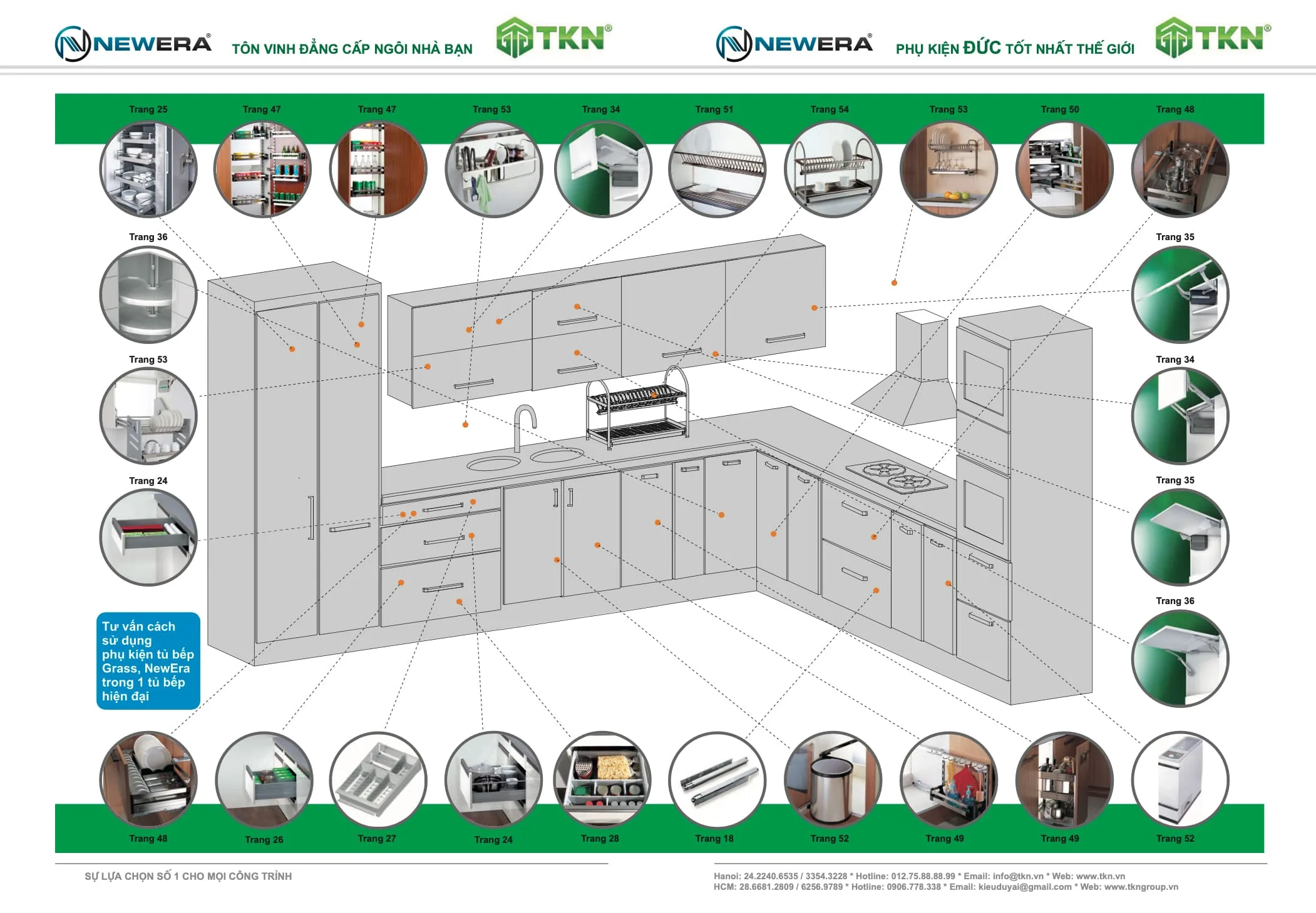 Bản vẽ layout tủ bếp với các vị trí lắp đặt phụ kiện NewEra thông minh