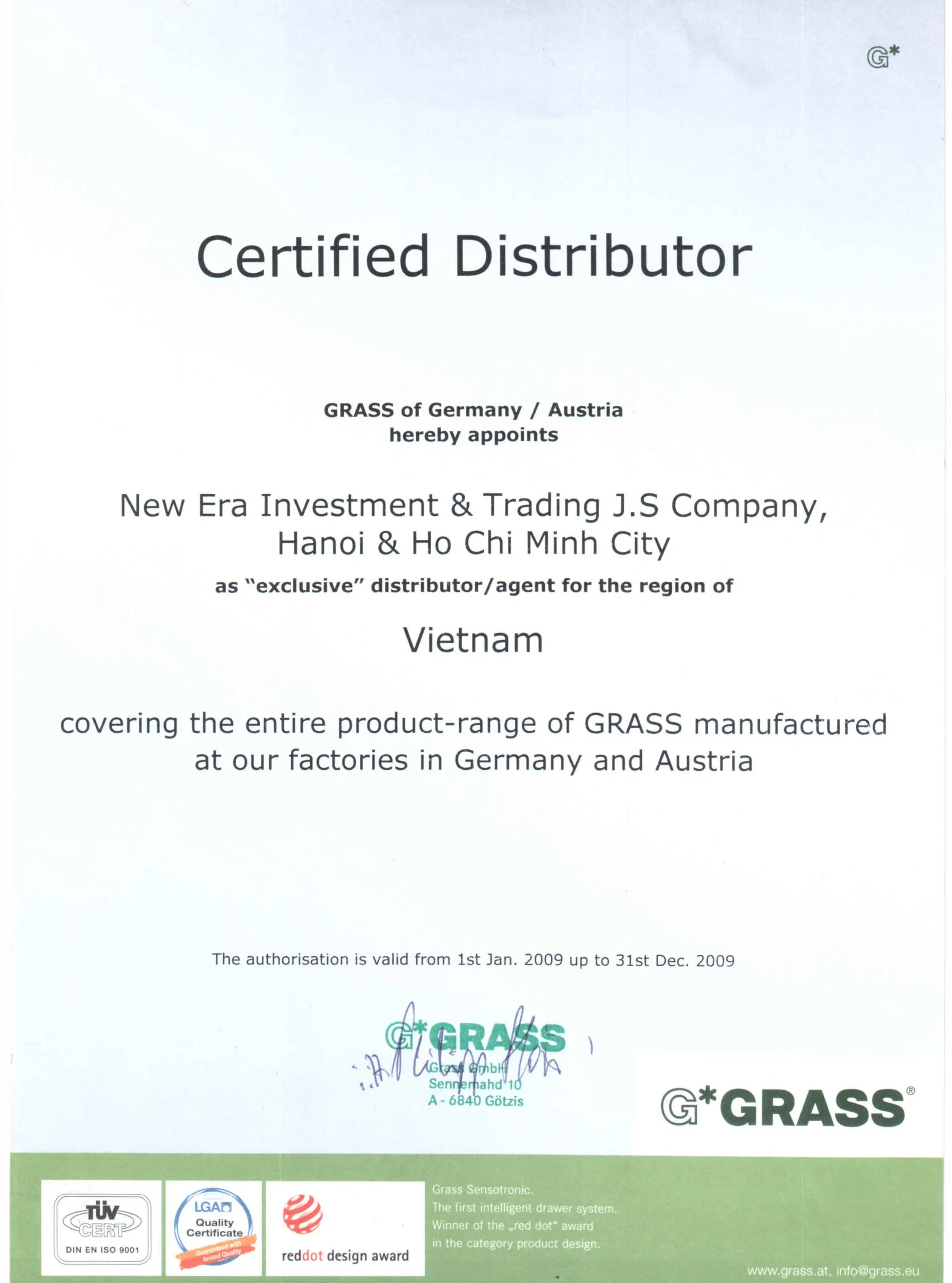Chứng nhận phân phối độc quyền Grass của Tân Kỷ Nguyên
