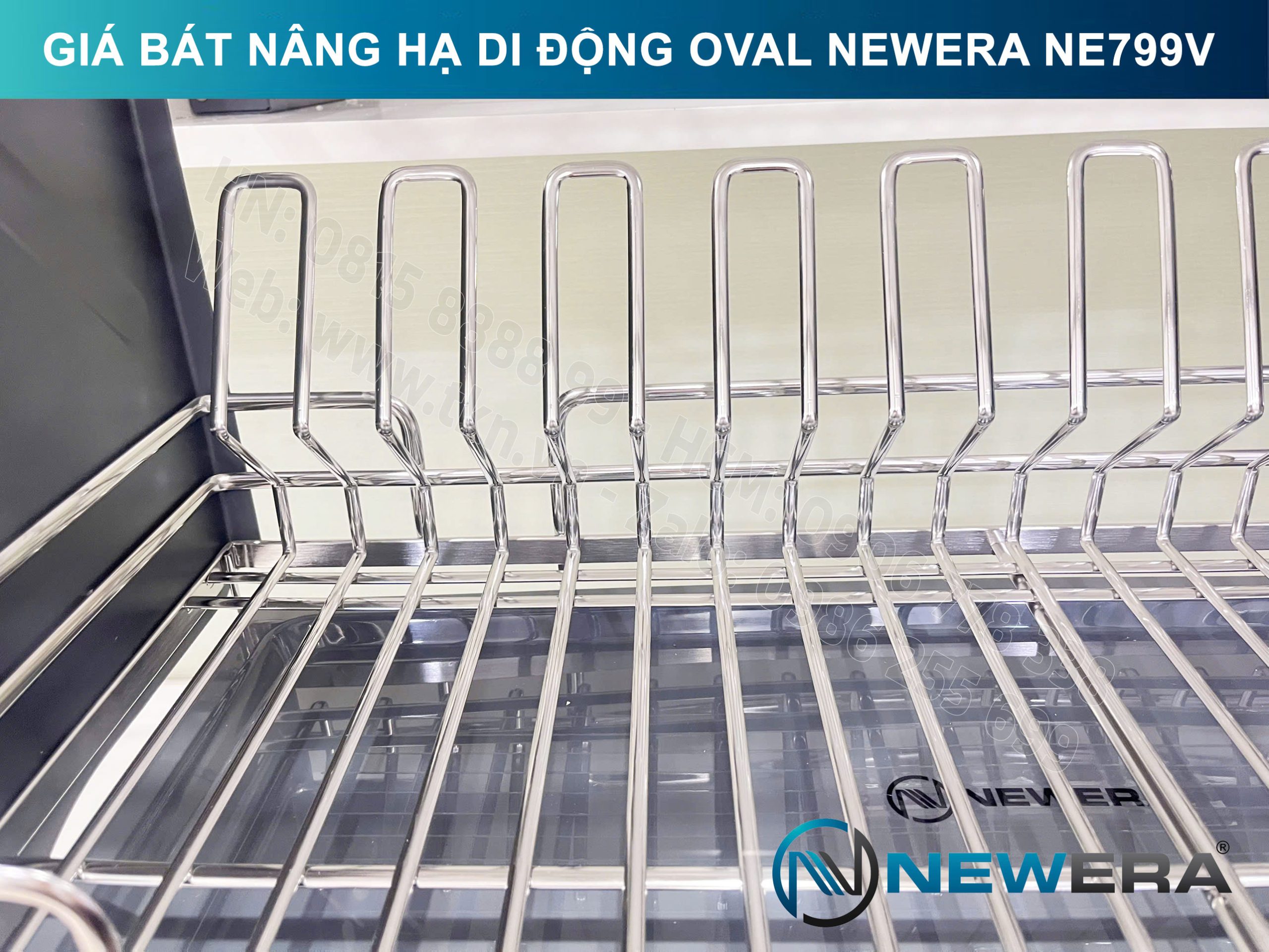Giá bát nâng hạ di động nan Oval quả trám NewEra 700mm có ống đũa inox 304 NE799.700V 12