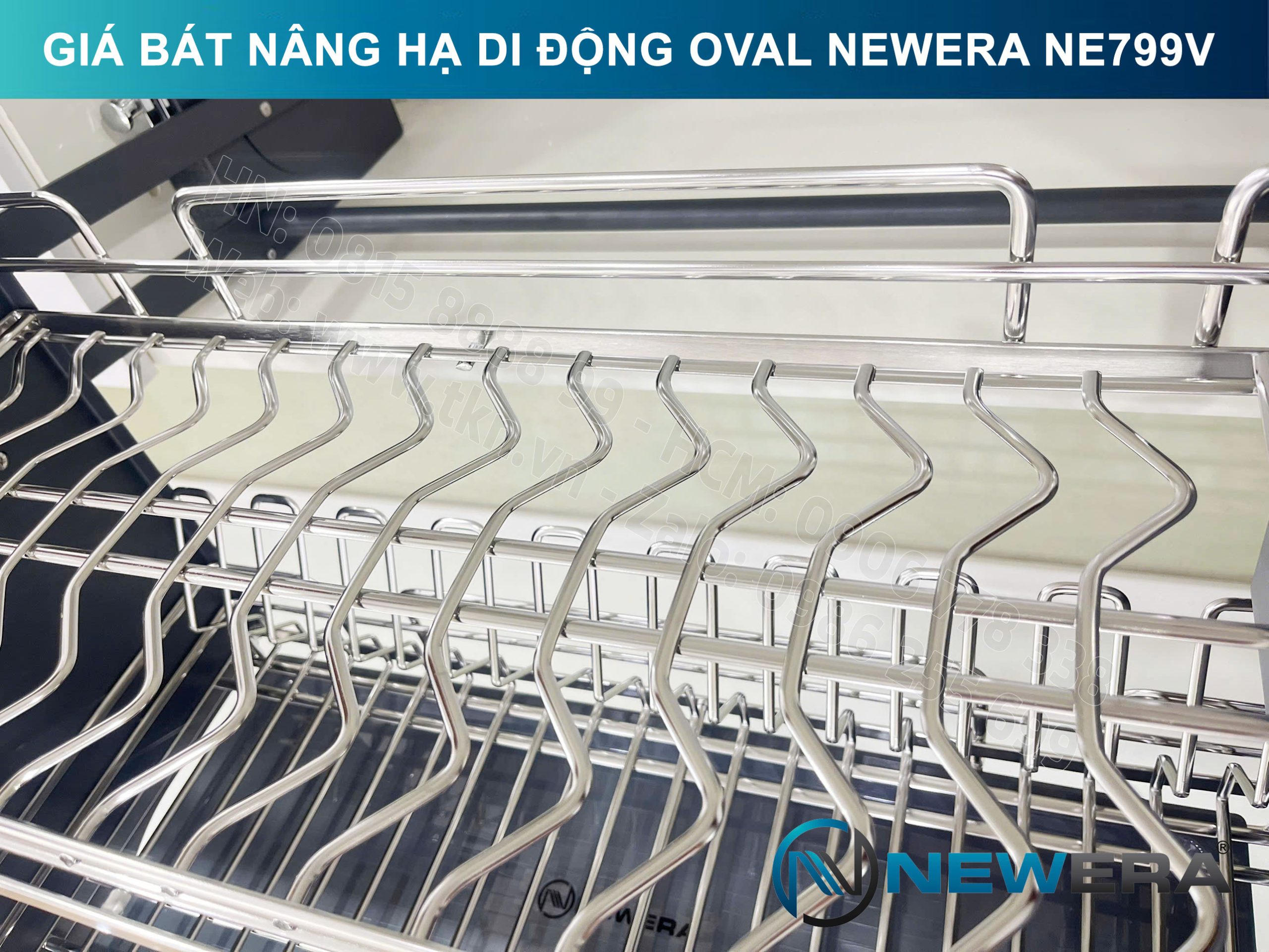 Giá bát nâng hạ di động nan Oval quả trám NewEra 700mm có ống đũa inox 304 NE799.700V 13