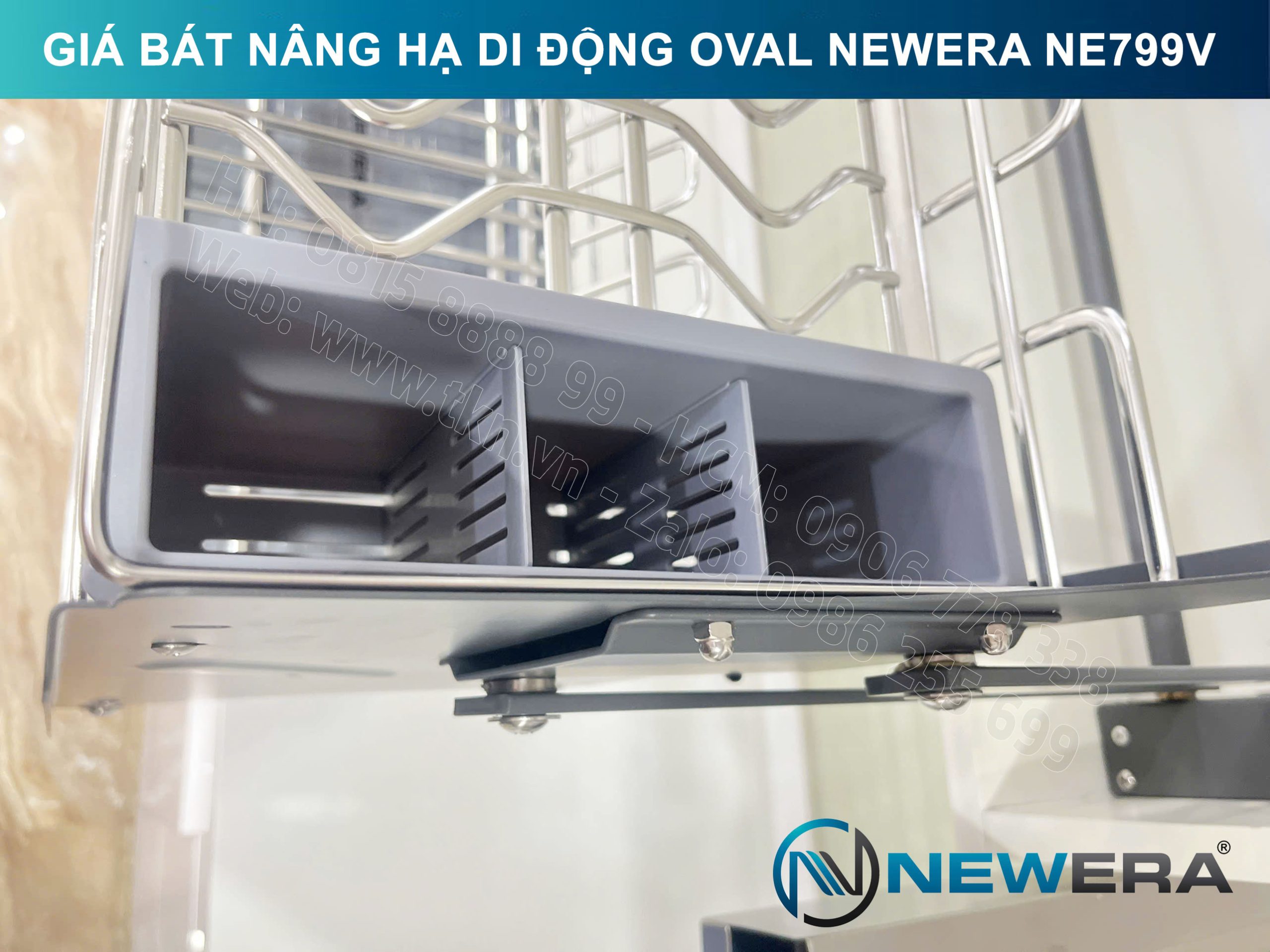 Giá bát nâng hạ di động nan Oval quả trám NewEra 700mm có ống đũa inox 304 NE799.700V 14