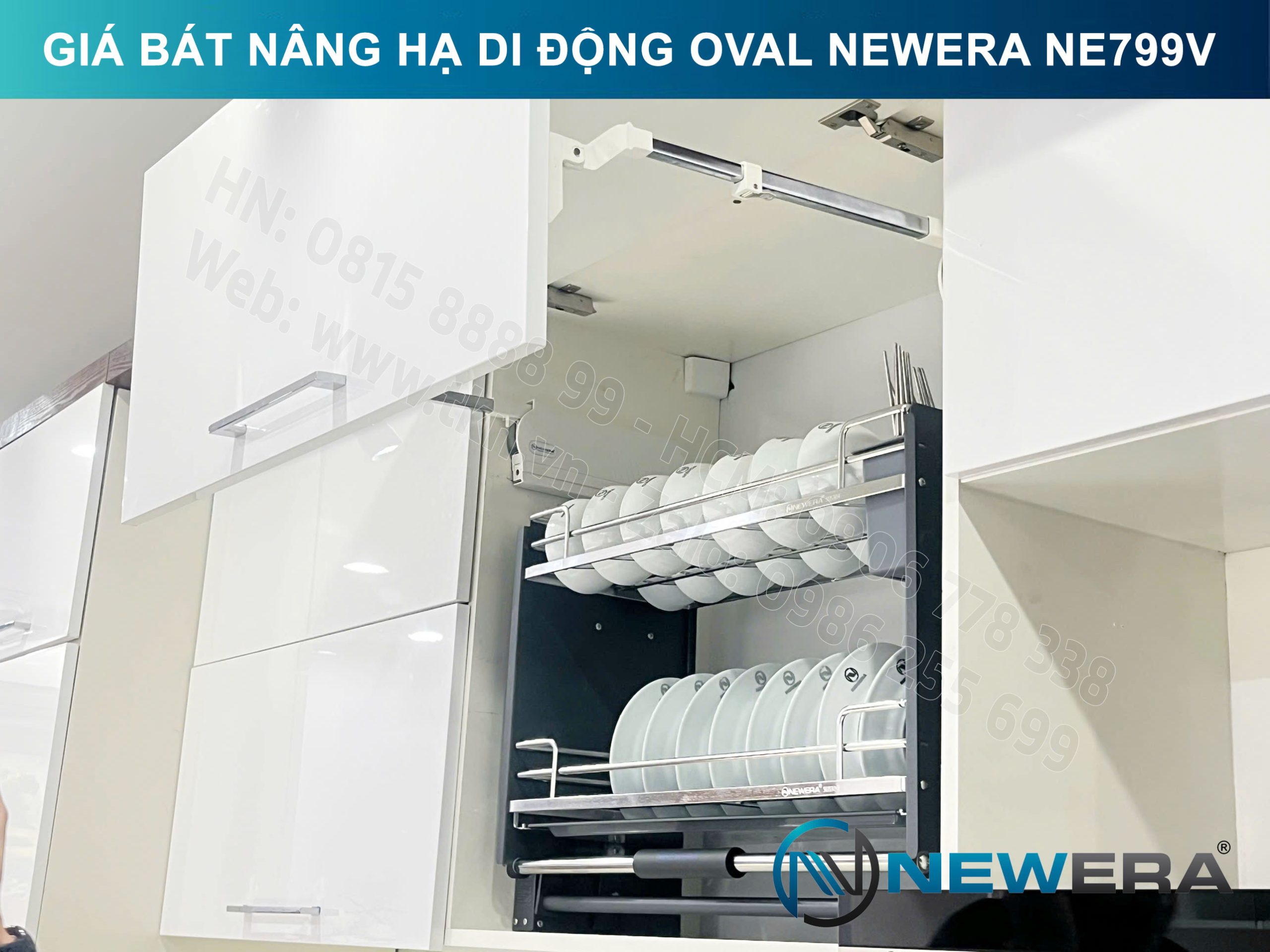 Giá bát nâng hạ di động nan Oval quả trám NewEra 700mm có ống đũa inox 304 NE799.700V 16