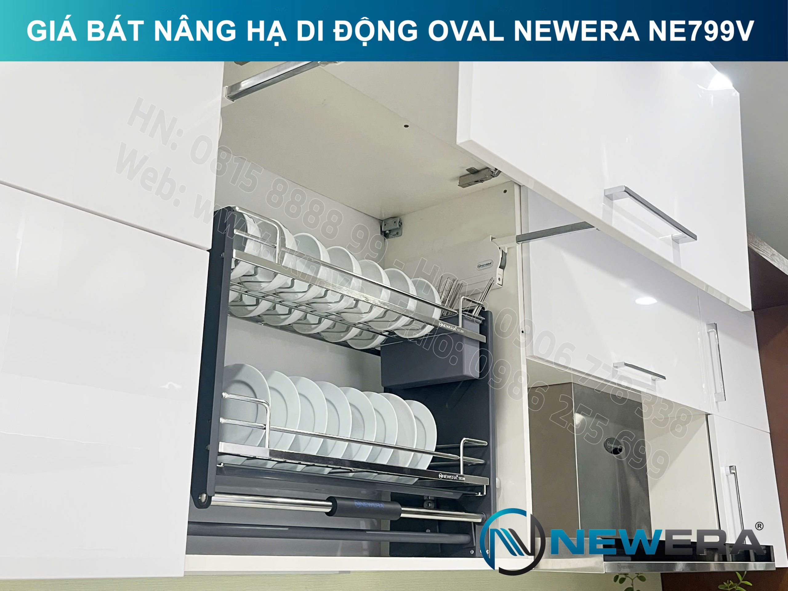 Giá bát nâng hạ di động nan Oval quả trám NewEra 700mm có ống đũa inox 304 NE799.700V 17