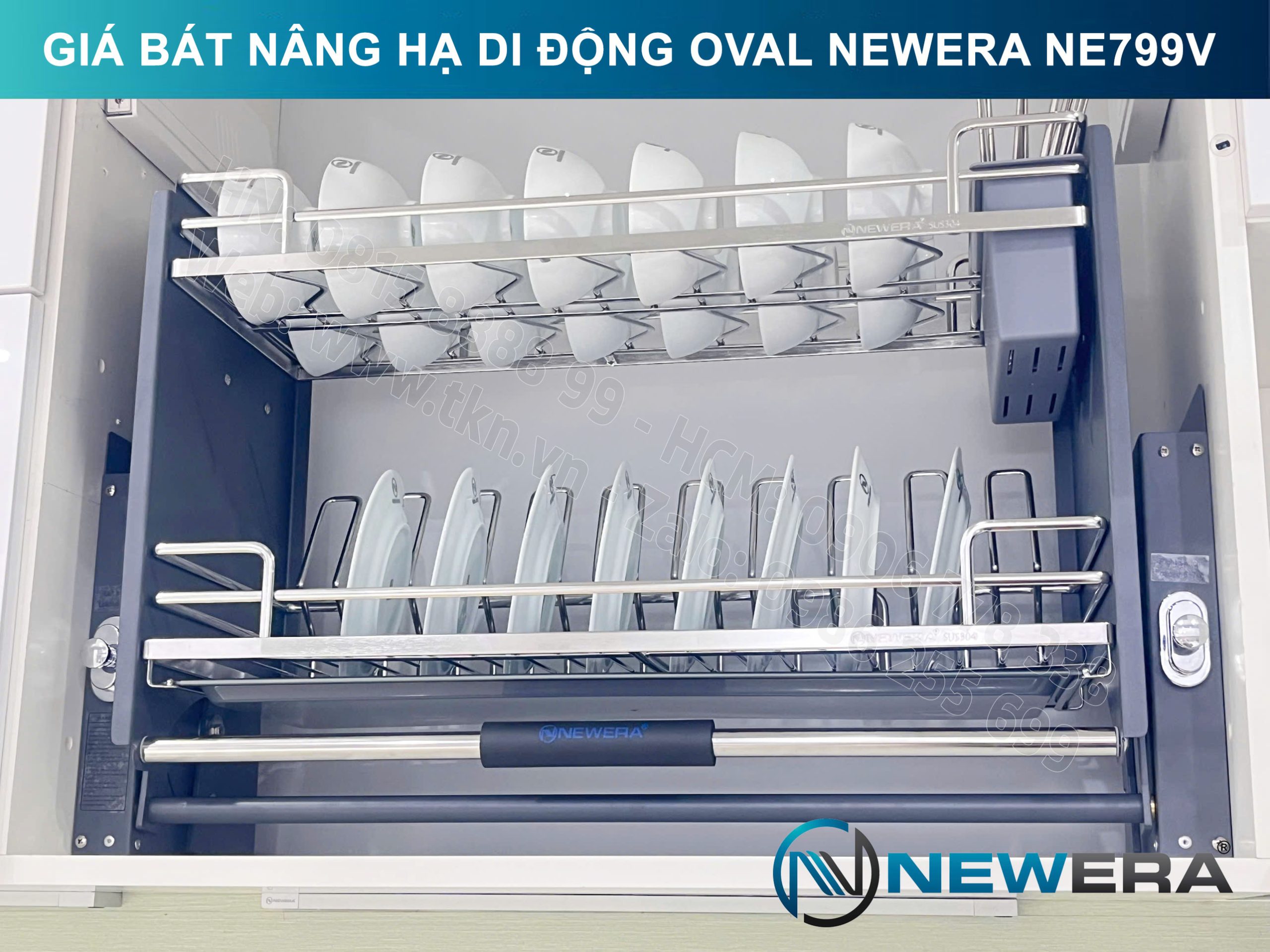 Giá bát nâng hạ di động nan Oval quả trám NewEra 700mm có ống đũa inox 304 NE799.700V 18
