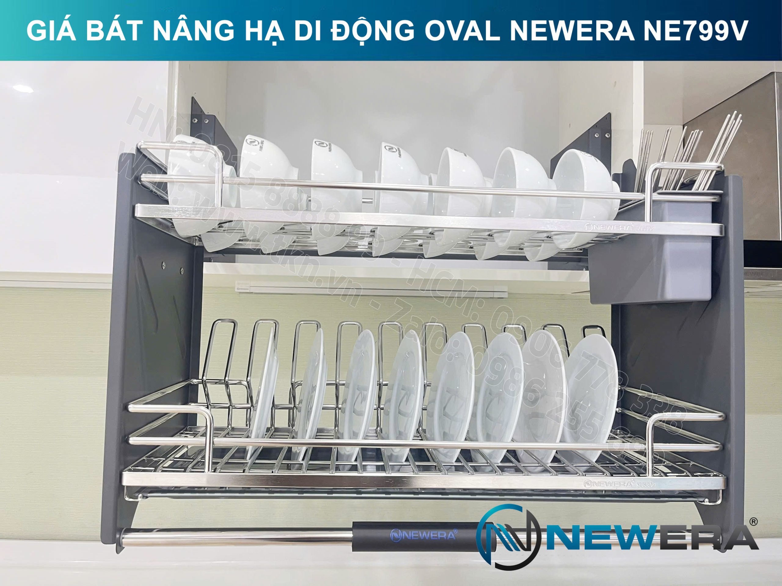 Giá bát nâng hạ di động nan Oval quả trám NewEra 700mm có ống đũa inox 304 NE799.700V 19