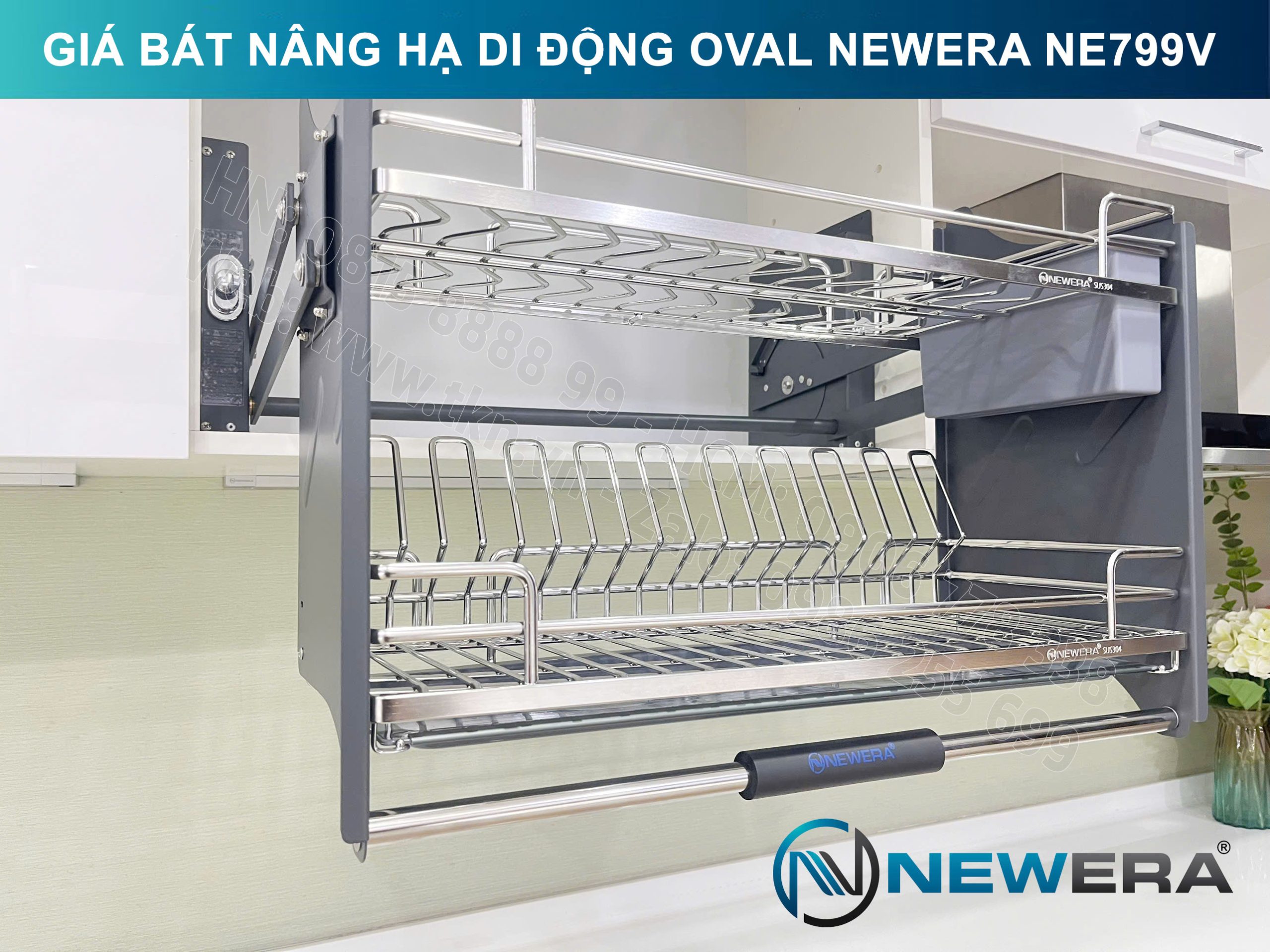 Giá bát nâng hạ di động nan Oval quả trám NewEra 700mm có ống đũa inox 304 NE799.700V 2