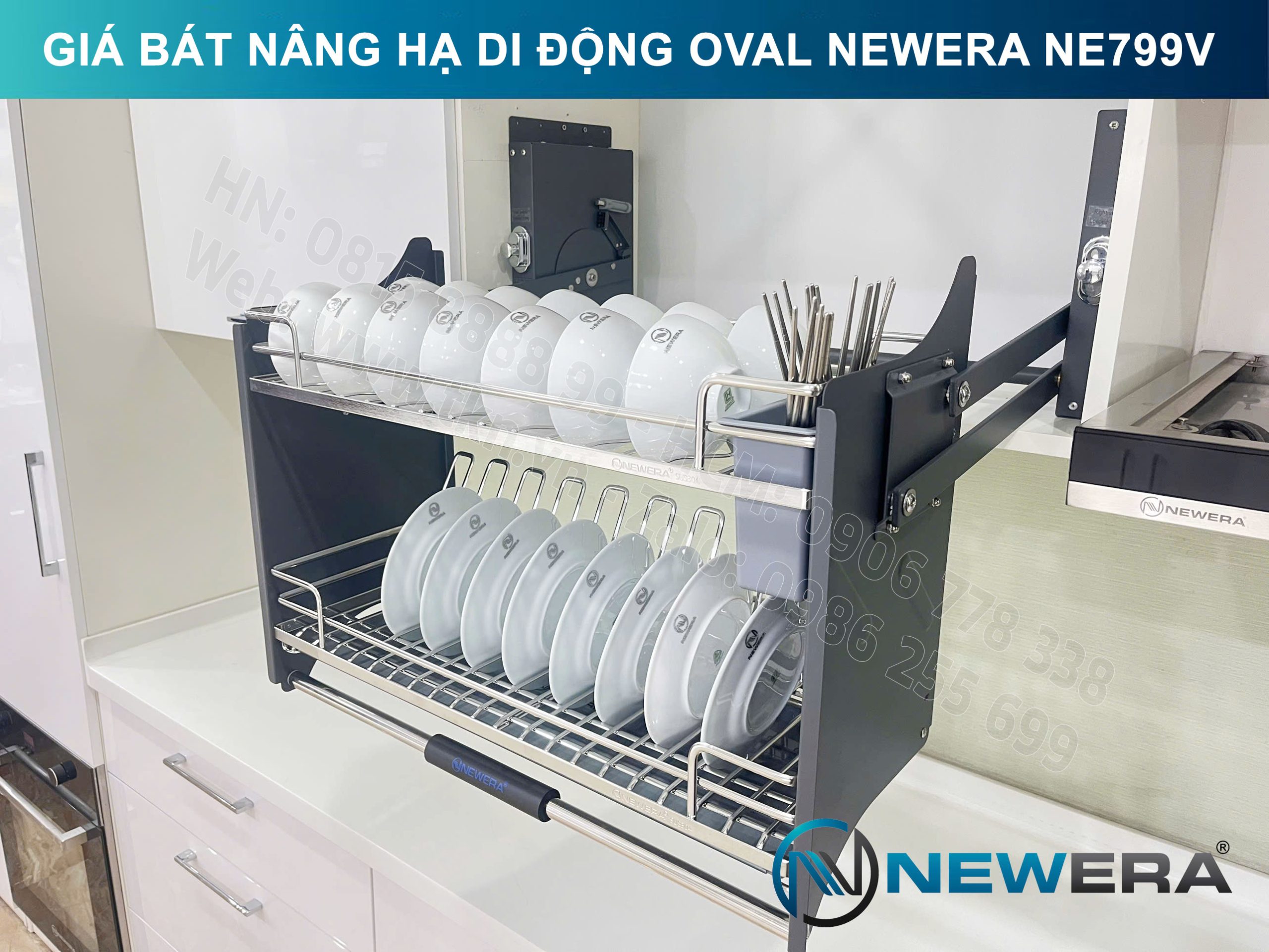 Giá bát nâng hạ di động nan Oval quả trám NewEra 900mm có ống đũa inox 304 NE799.900V