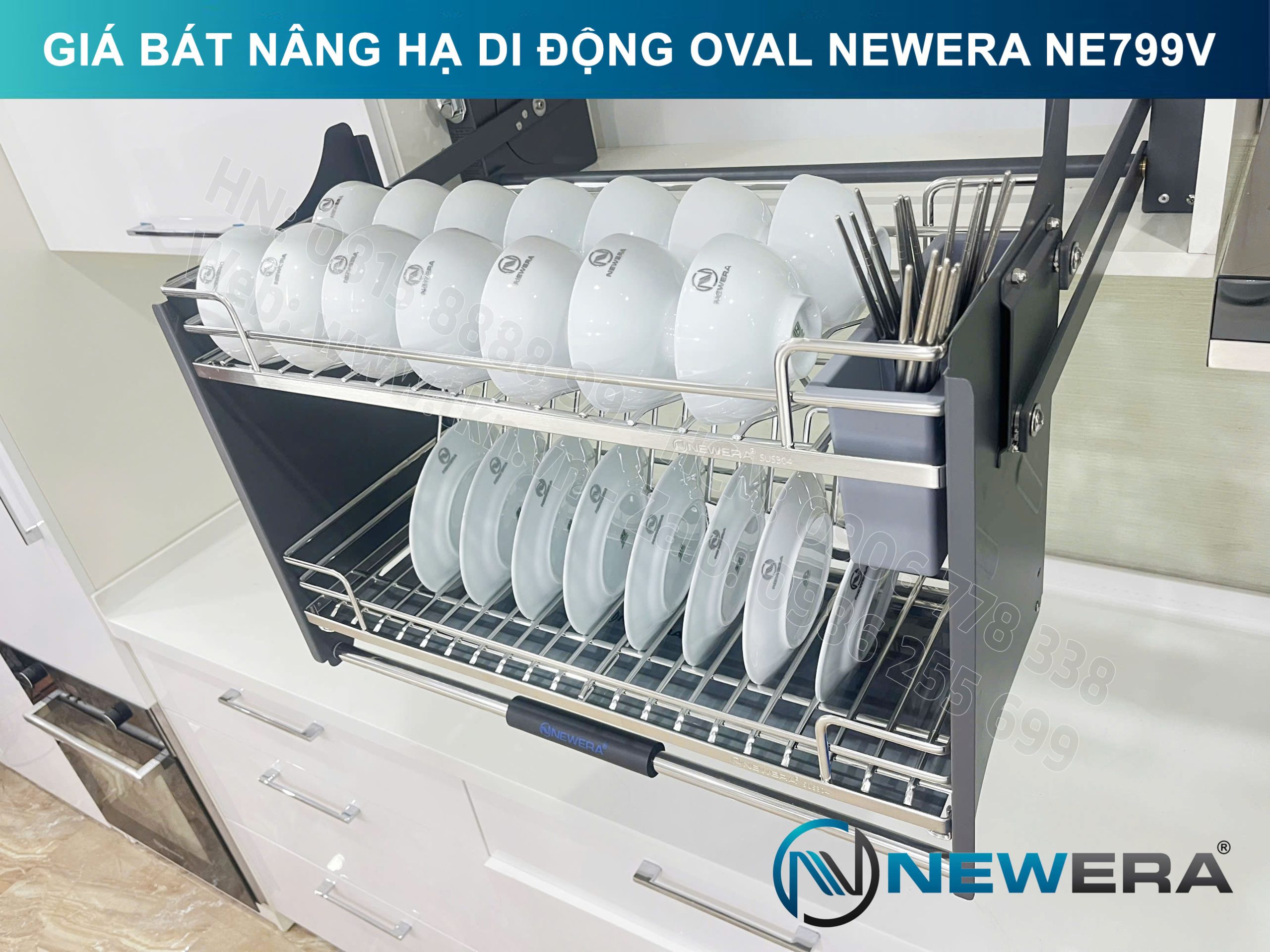 Giá bát nâng hạ di động nan Oval quả trám NewEra 700mm có ống đũa inox 304 NE799.700V 21