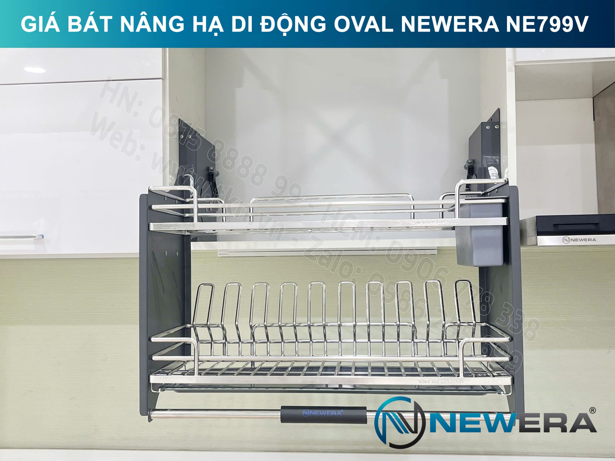 Giá bát nâng hạ di động nan Oval quả trám NewEra 700mm có ống đũa inox 304 NE799.700V 3