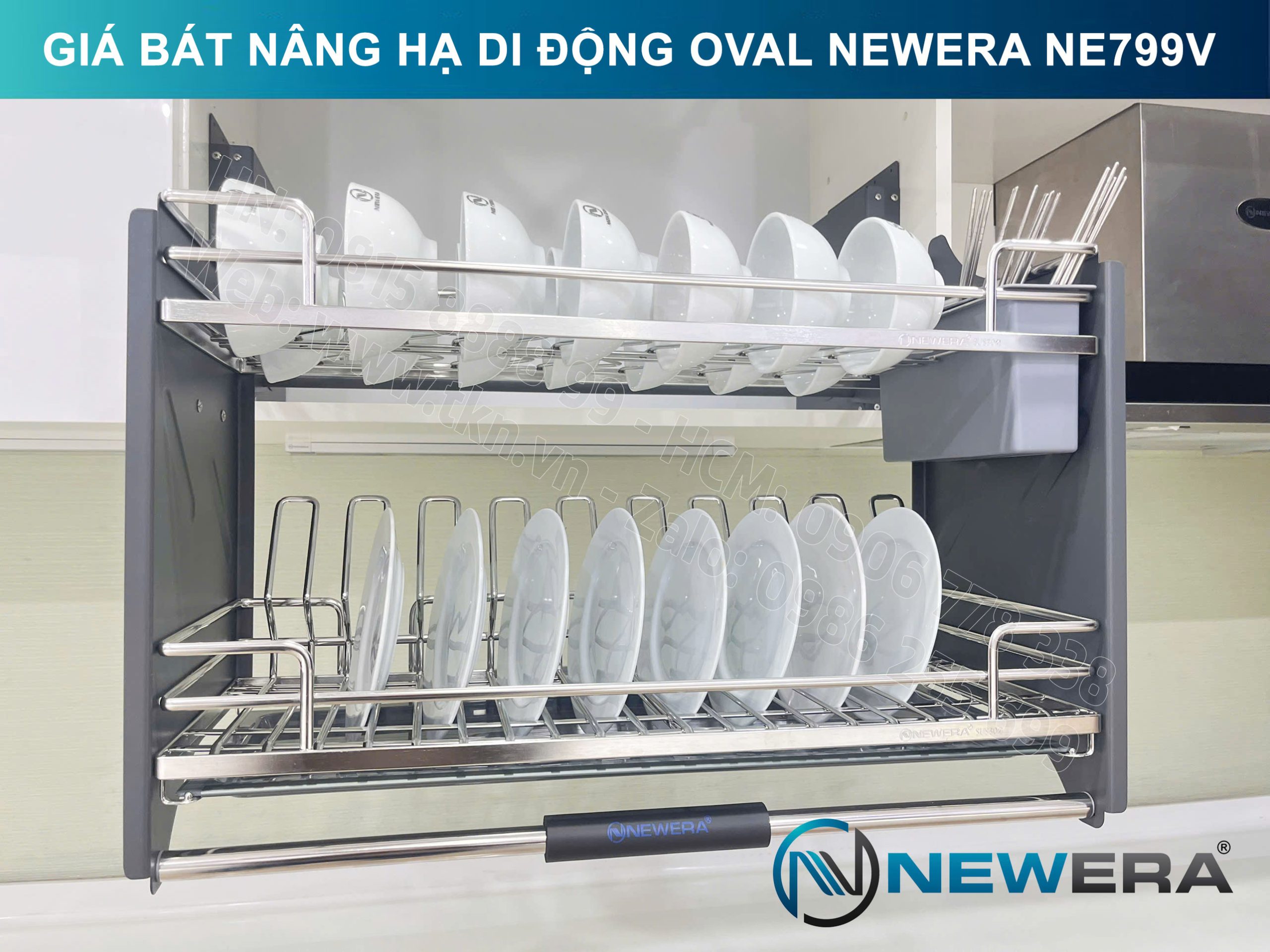 Giá bát nâng hạ di động nan Oval quả trám NewEra 700mm có ống đũa inox 304 NE799.700V 23