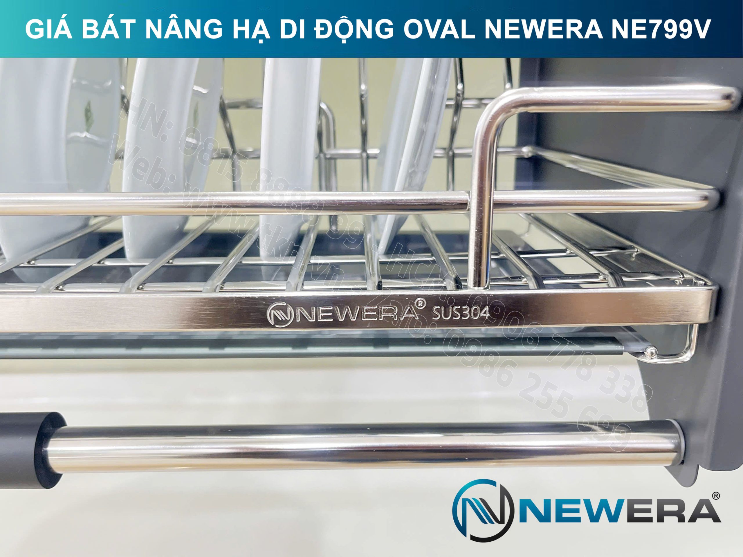Giá bát nâng hạ di động nan Oval quả trám NewEra 700mm có ống đũa inox 304 NE799.700V 25
